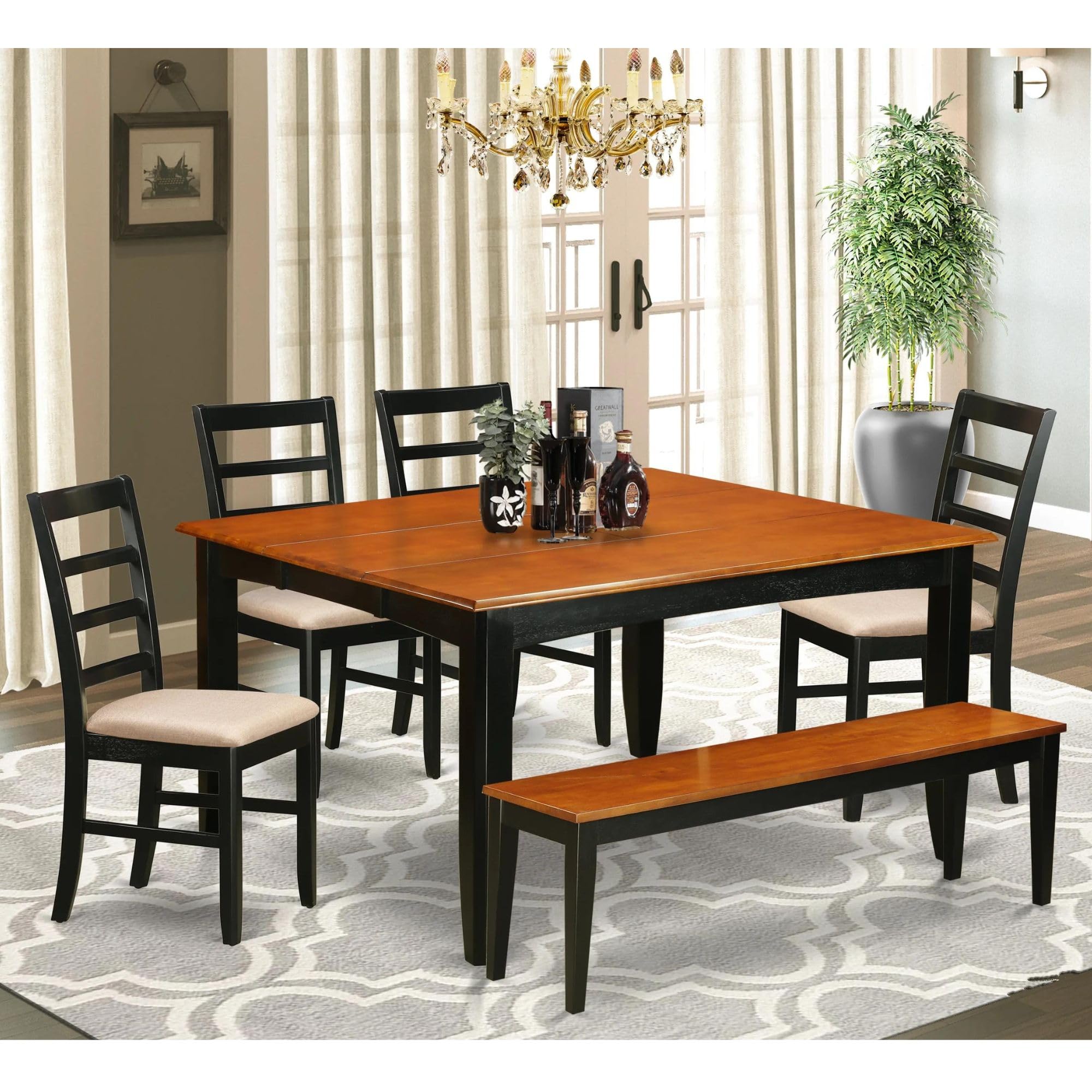 East West Furniture Parf6-Blk-C 6 Piece Set Contains A Square Dining Room Table With Butterfly Leaf And 4 Linen Fabric Upholstered Chairs With A Bench, 54X54 Inch