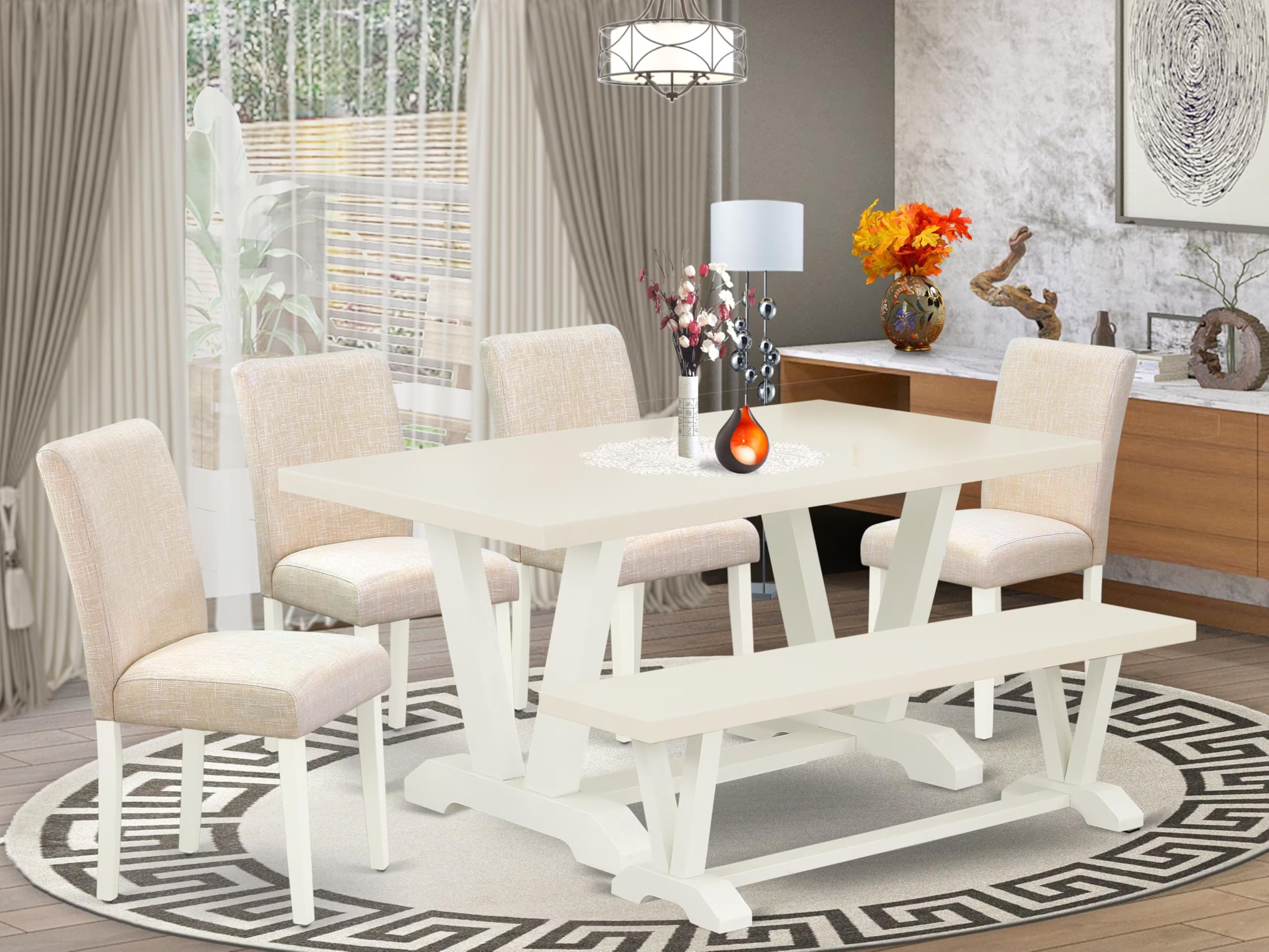 East West Furniture V026Ab202-6 6 Piece Kitchen Table Set Contains A Rectangle Dining Table With V-Legs And 4 Light Beige Linen Fabric Parson Chairs With A Bench, 36X60 Inch, Multi-Color