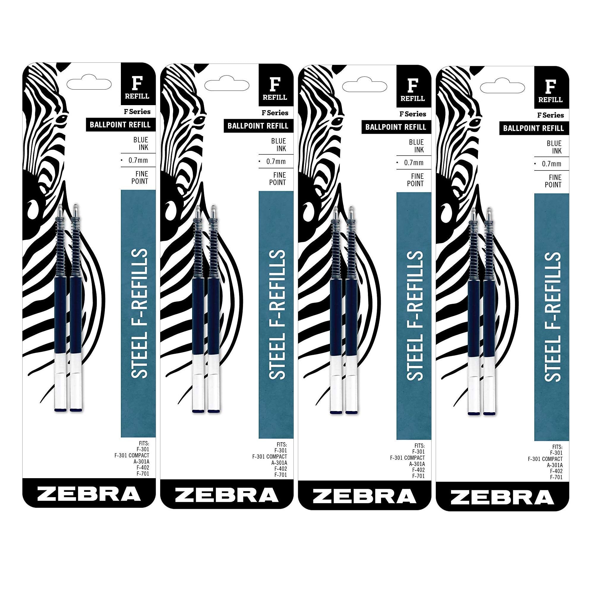 Zebra Pen F-Series Ballpoint Stainless Steel Pen Refill, Fine Point, 0.7Mm, Blue Ink, 2-Count (4)