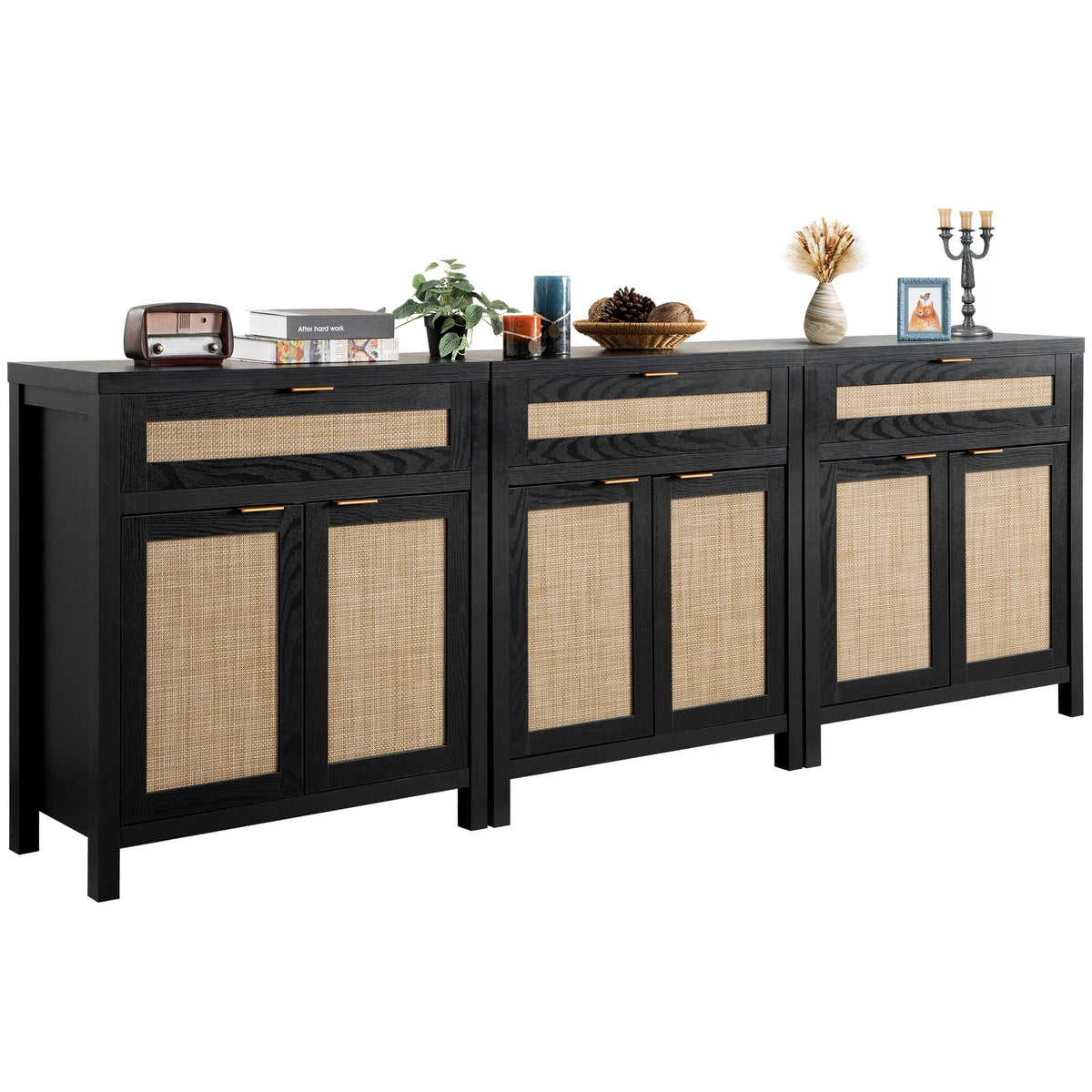 Sicotas Sideboard Buffet Storage Cabinet Set Of 3, Rattan Credenza Buffet Table, Modern Console Accent Cabinet With Doors And Drawer, Coffee Bar Cabinet For Kitchen Entryway Living Room, Black