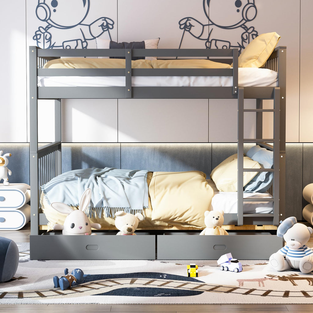 Merax Wood Bunk Bed With Drawers,Convertible Wood Bunk Bed With Ladders And Two Storage Drawers,Solid Wood Detachable Bunk Bed Frame With Ladders,Full Over Full,Grey