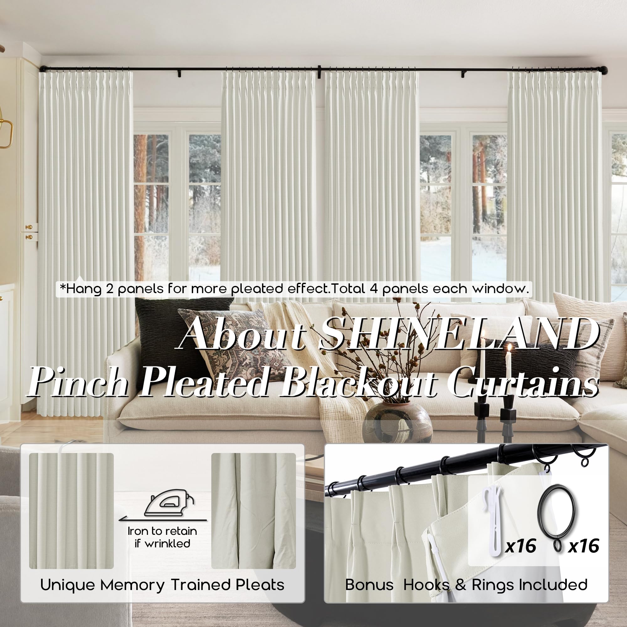 Shineland Cream Blackout Curtains 102 Inch Long,Ivory Black Out Pinch Pleated Insulated Window Coverings For Winter