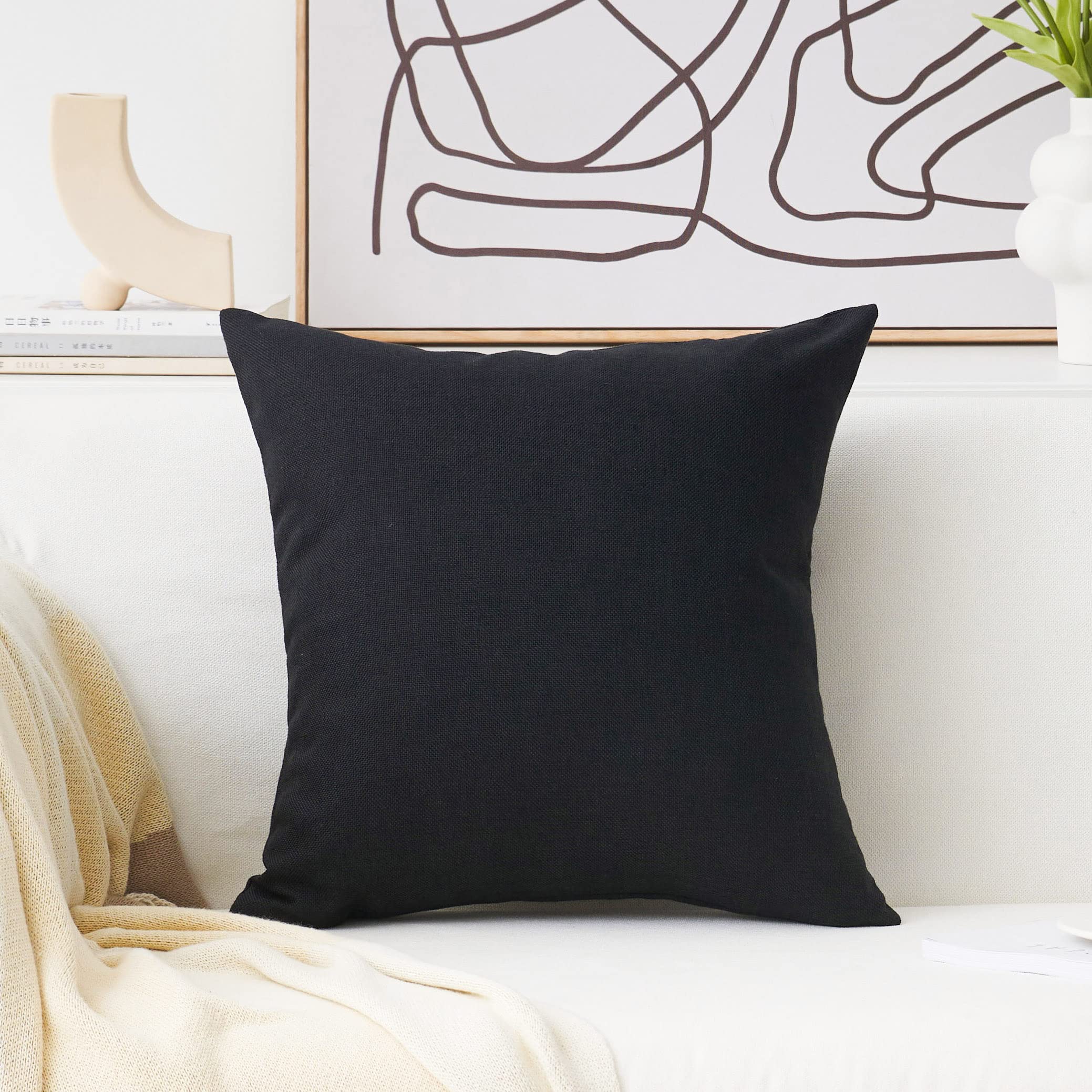 Home Brilliant 24 X 24 Pillow Covers Decorative Lined Linen Euro Sham Pillow Case For Couch Bench Patio Floor, 60 Cm, Black
