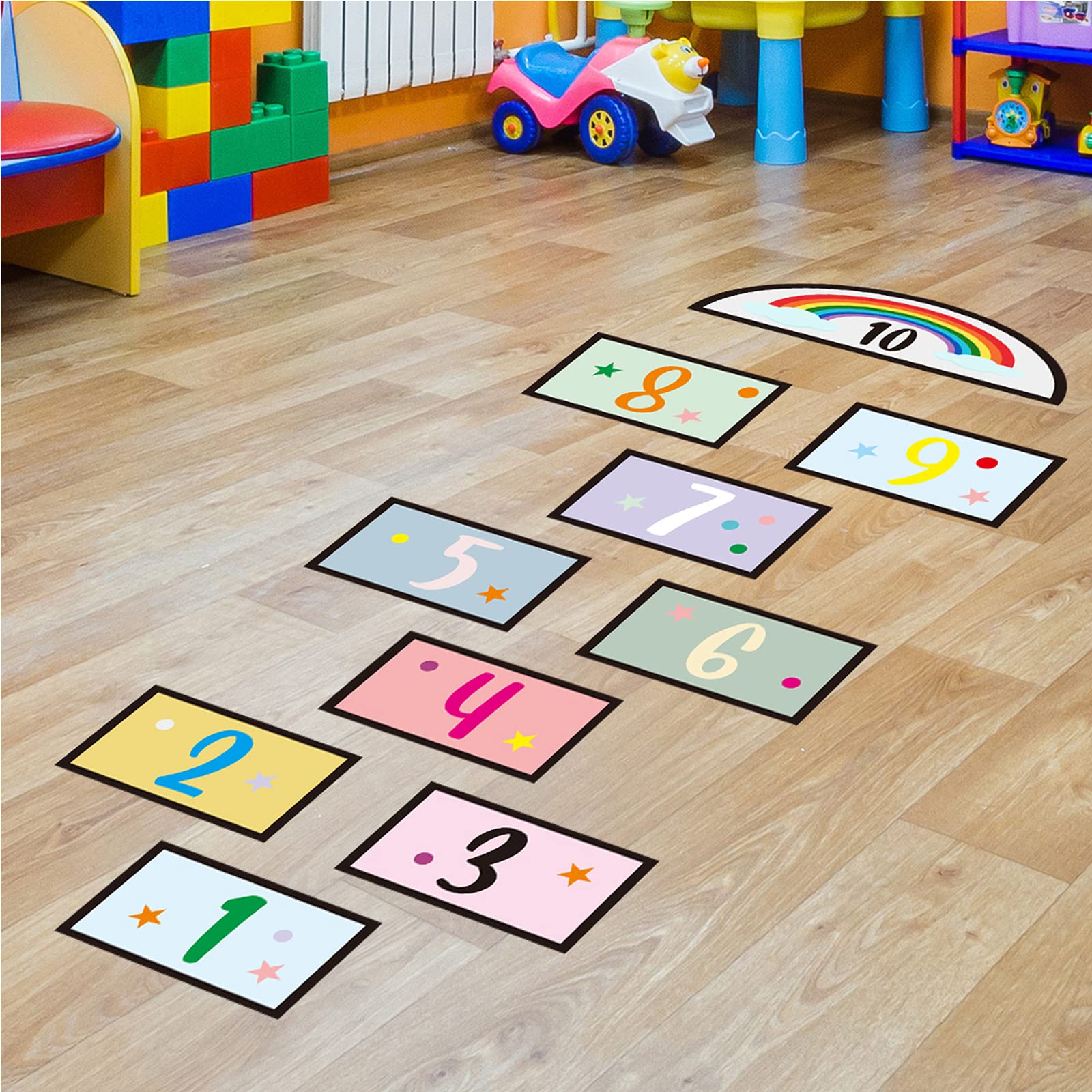 10 Number Lattice Floor Sticker Wall Decals, Colorful Rianbow Puzzle Hopscotch Game Wall Stickers, Removable DIY Art Ground Corr