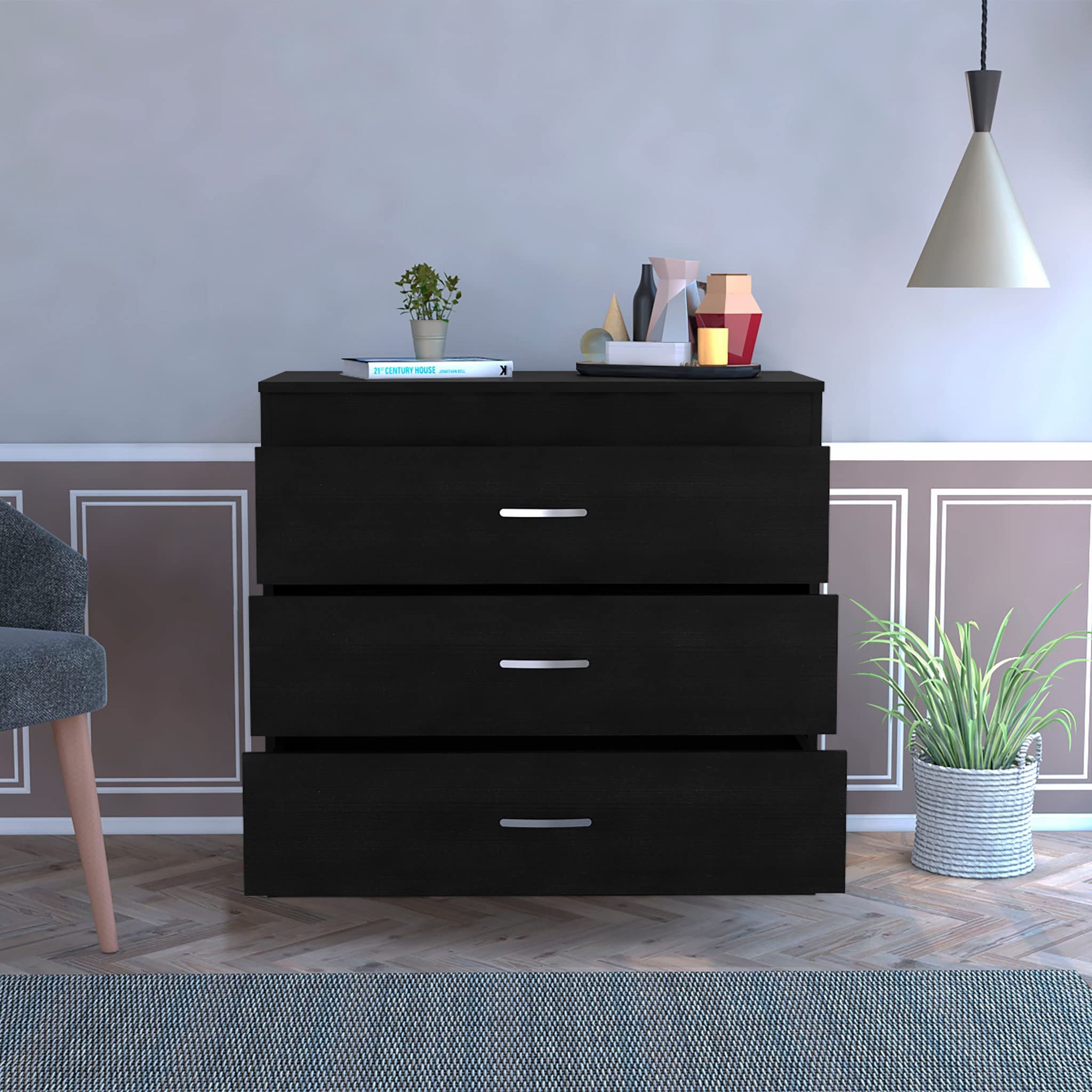 HomeRoots Particle Board 29" Black Three Drawer Dresser
