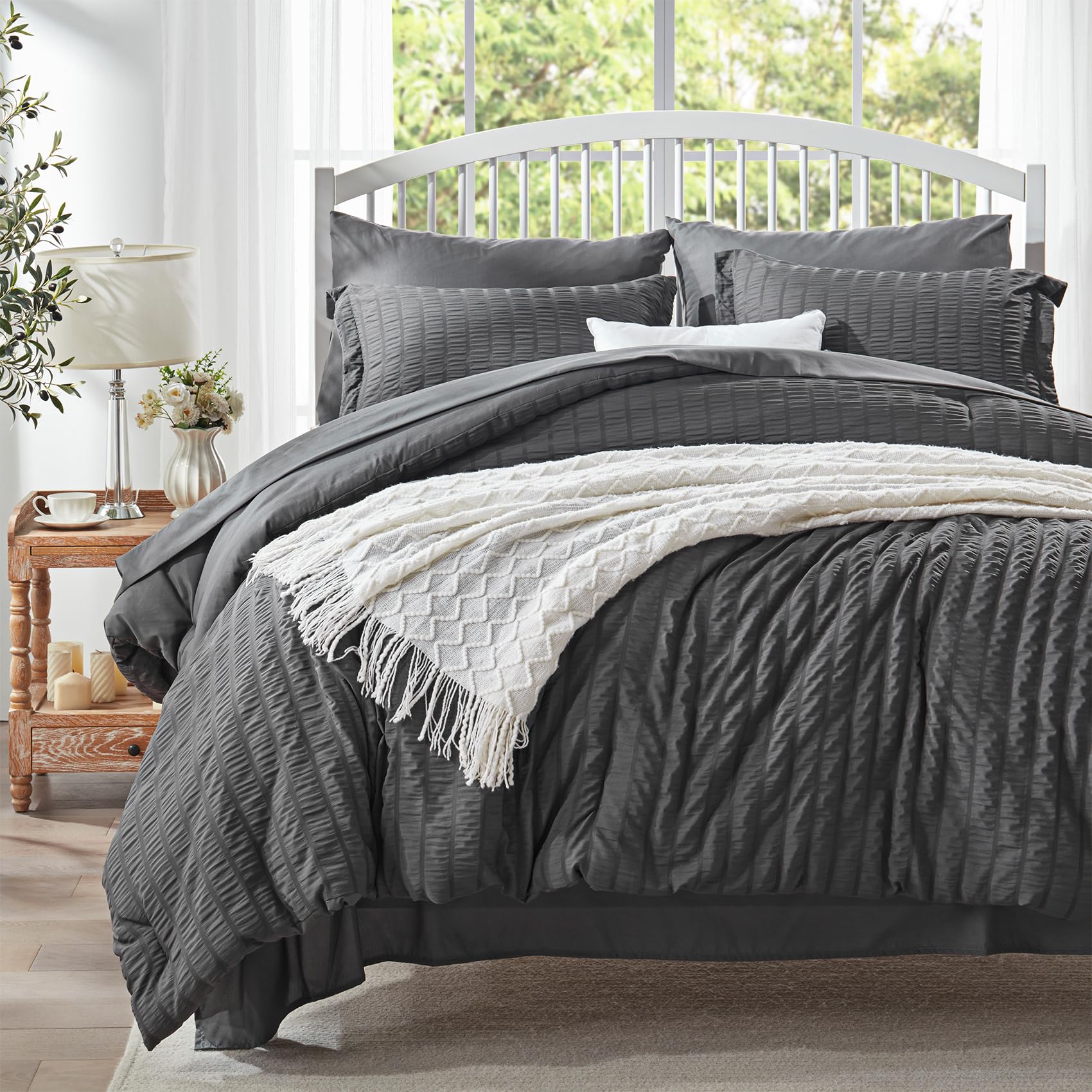 Zzlpp Twin Comforter Set 5 Pieces, Dark Grey Seersucker Bed In A Bag With And Sheets, All Season Bedding Sets 1 Comforter, Pillo