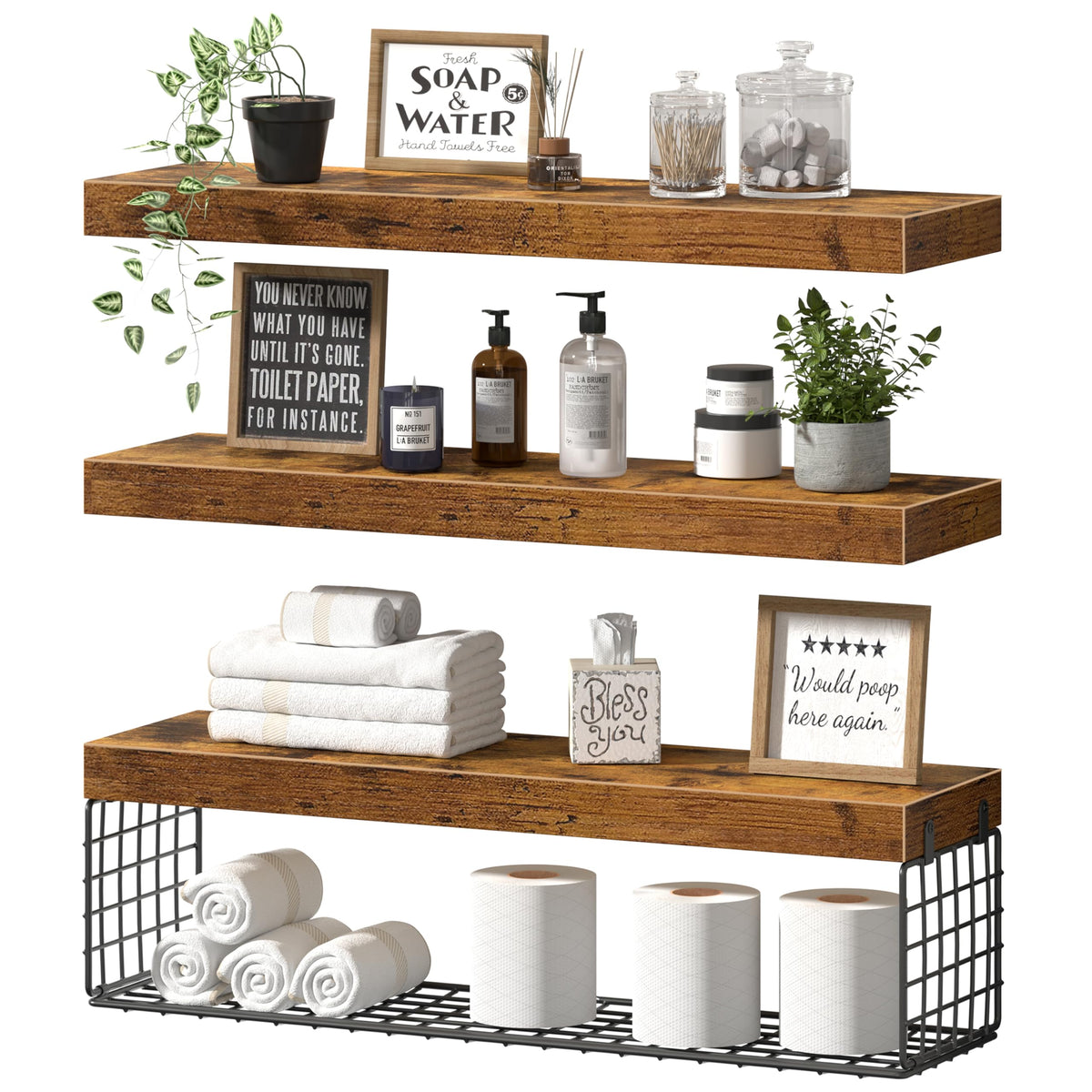 QEEIG Bathroom Shelves Over Toilet Wall Mounted (Brown, Set of 3, 23.6)