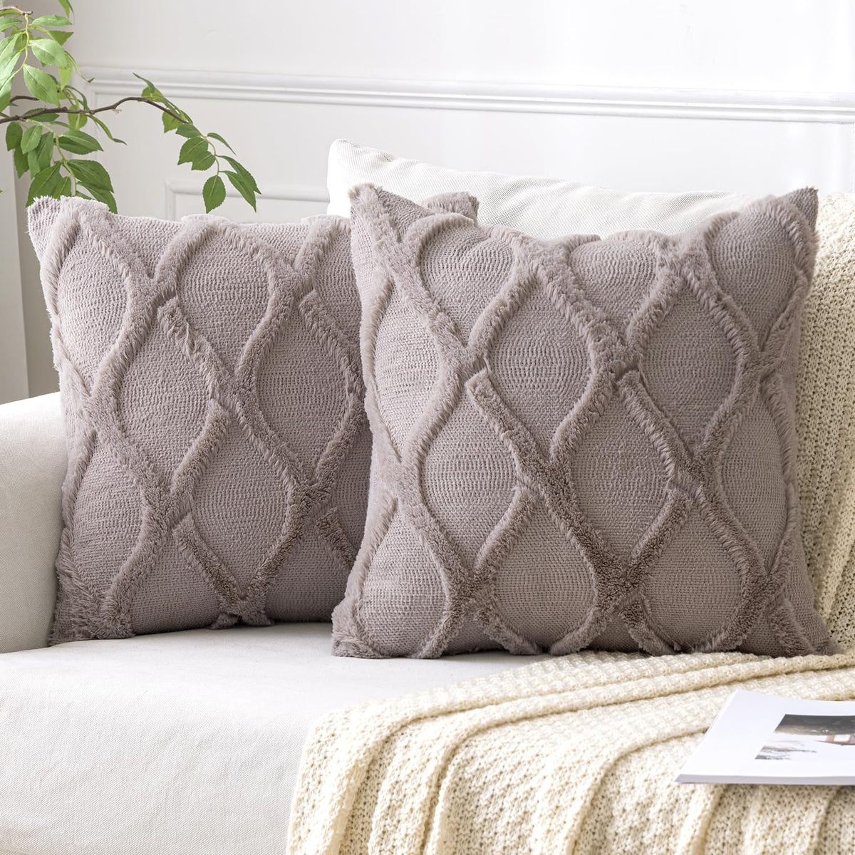 Miulee Taupe Decorative Throw Pillow Covers 20X20 Inch Set Of 2, Soft Plush Faux Wool Couch Pillow Covers Farmhouse Throw Pillow