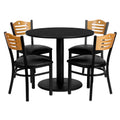 Flash Furniture 36'' Round Black Laminate Table Set with 4 Wood Slat Back Metal Chairs - Black Vinyl Seat