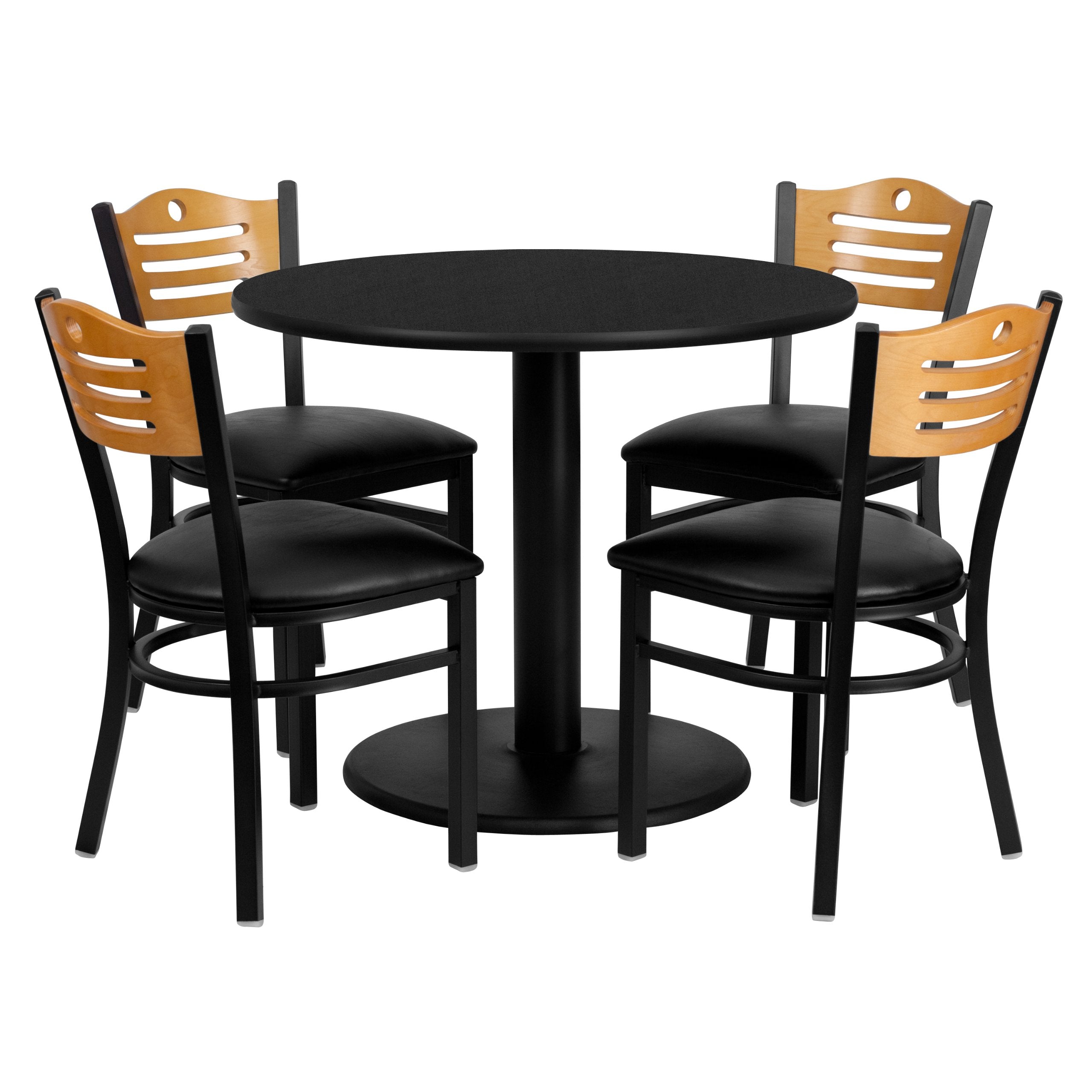 Flash Furniture 36'' Round Black Laminate Table Set with 4 Wood Slat Back Metal Chairs - Black Vinyl Seat