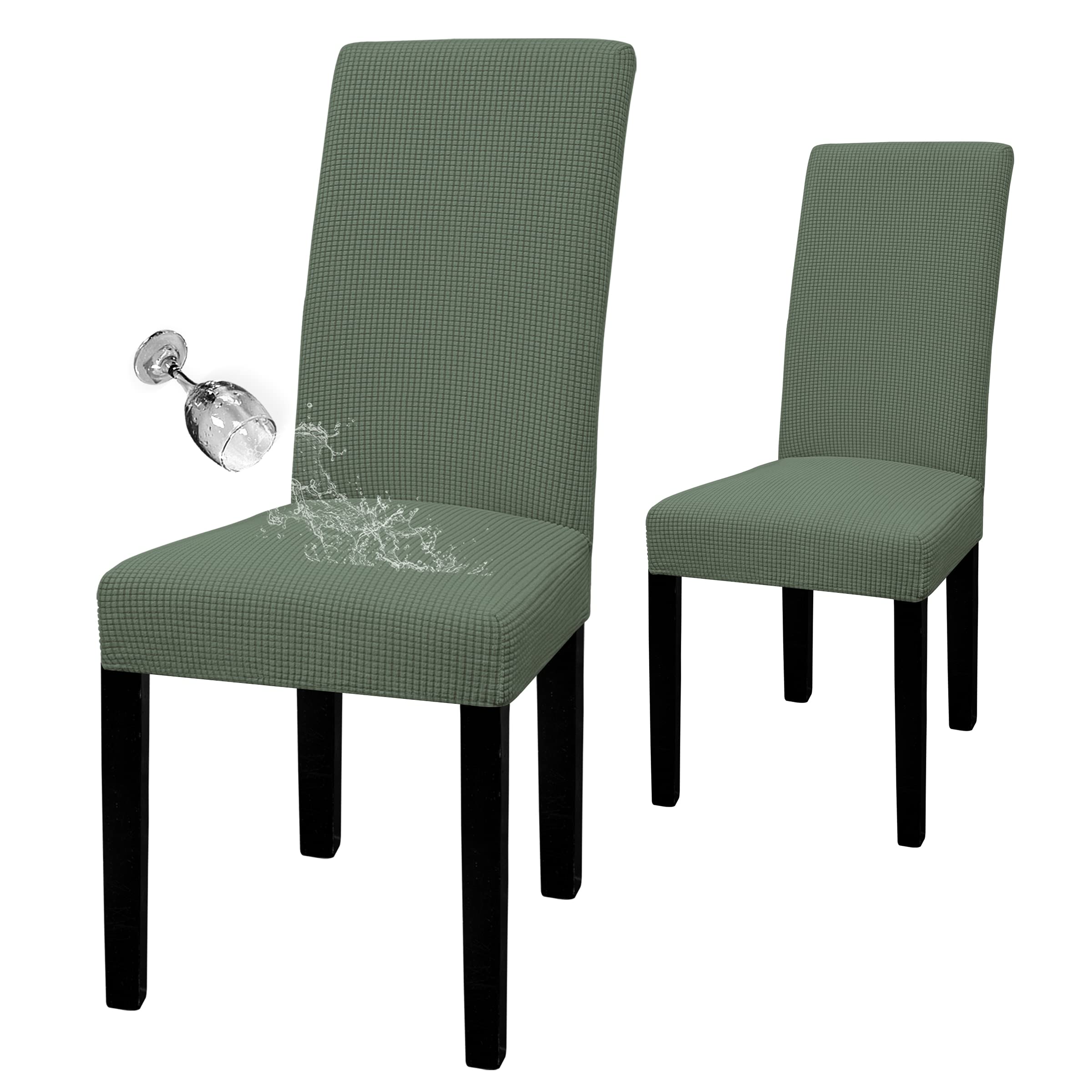 Easy-Going 100% Waterproof Dining Room Chair Cover Set Of 2, Stretch Jacquard Parson Chair Slipcover Removable Washable Chair Protector For Home, Restaurant, Banquet (Large, Grayish Green)