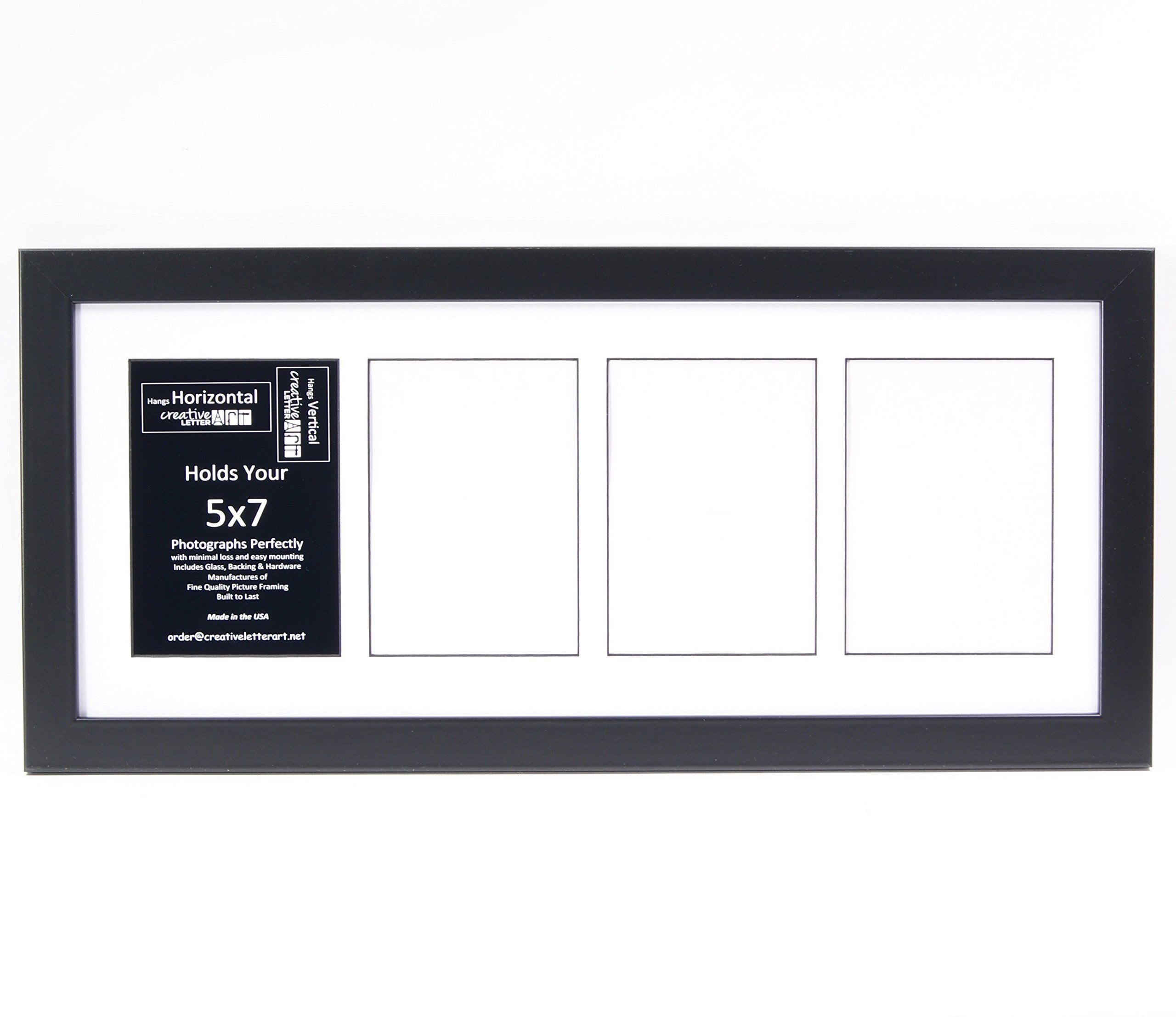 Creative Letter Art 4 Opening Glass Face Black Picture Frame to hold 5 by 7 inch Photographs including 10x24-inch White Mat Coll
