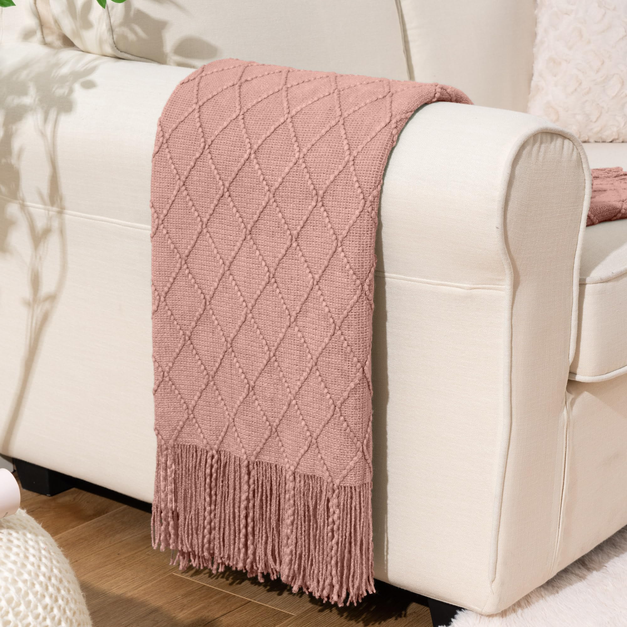 Battilo Home Blush Throw Blanket With Tassels, Pink Knit Blanket For Home Decor, Boho Style Textured Knitted Decorative Twin Bla