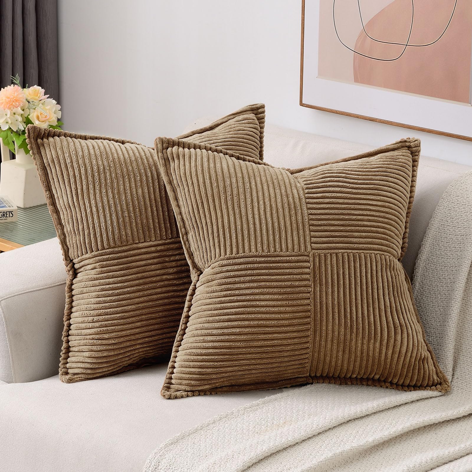 Haussy Brown Large Decorative Throw Pillow Covers 26X26 Inch Set Of 2,Soft Solid Corduroy Striped Cushion Case,Square Euro Pillo