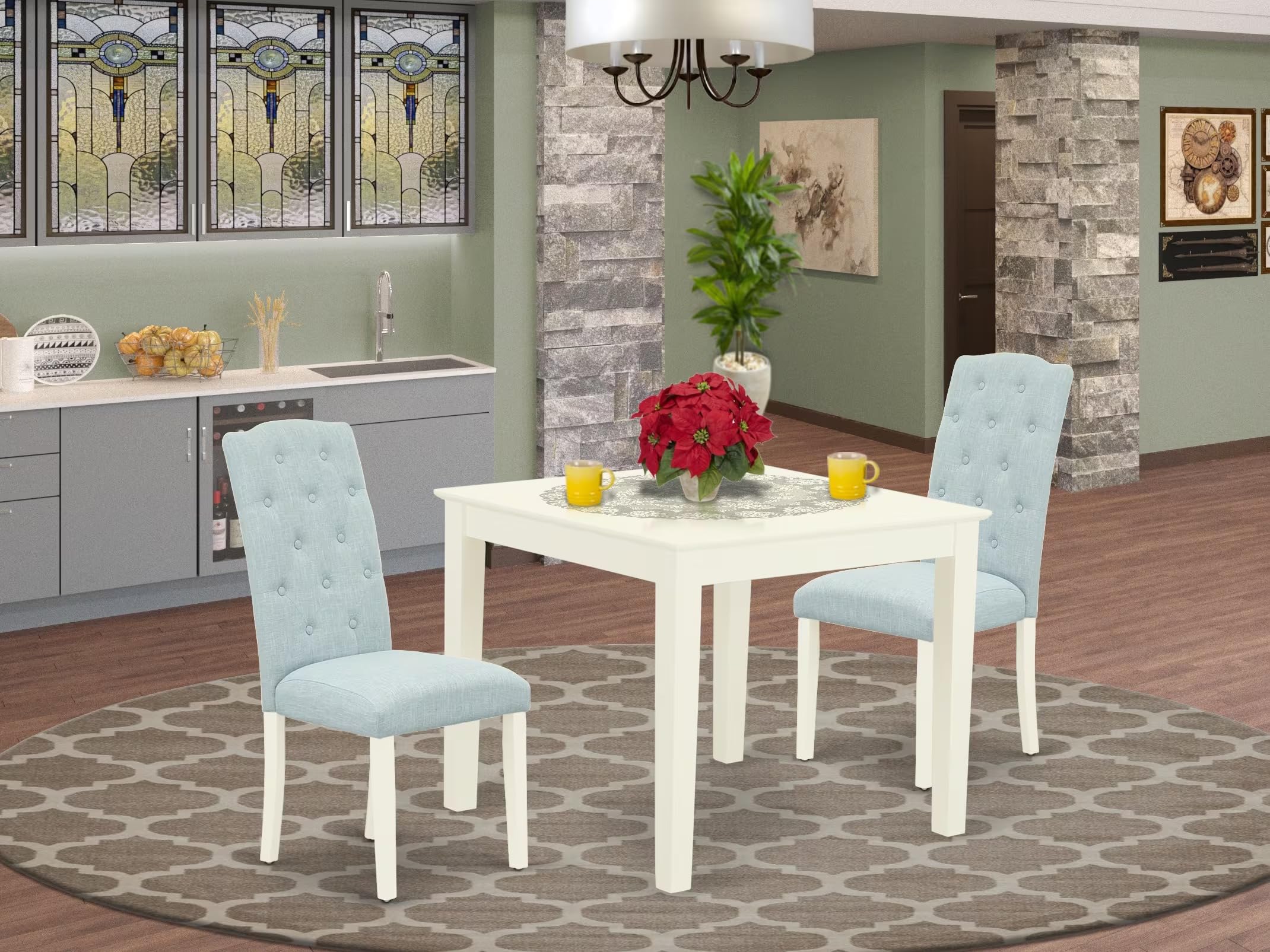 East West Furniture Oxce3-Lwh-15 3 Piece Dining Table Set For Small Spaces Contains A Square Dining Room Table And 2 Baby Blue Linen Fabric Upholstered Chairs, 36X36 Inch, Linen White