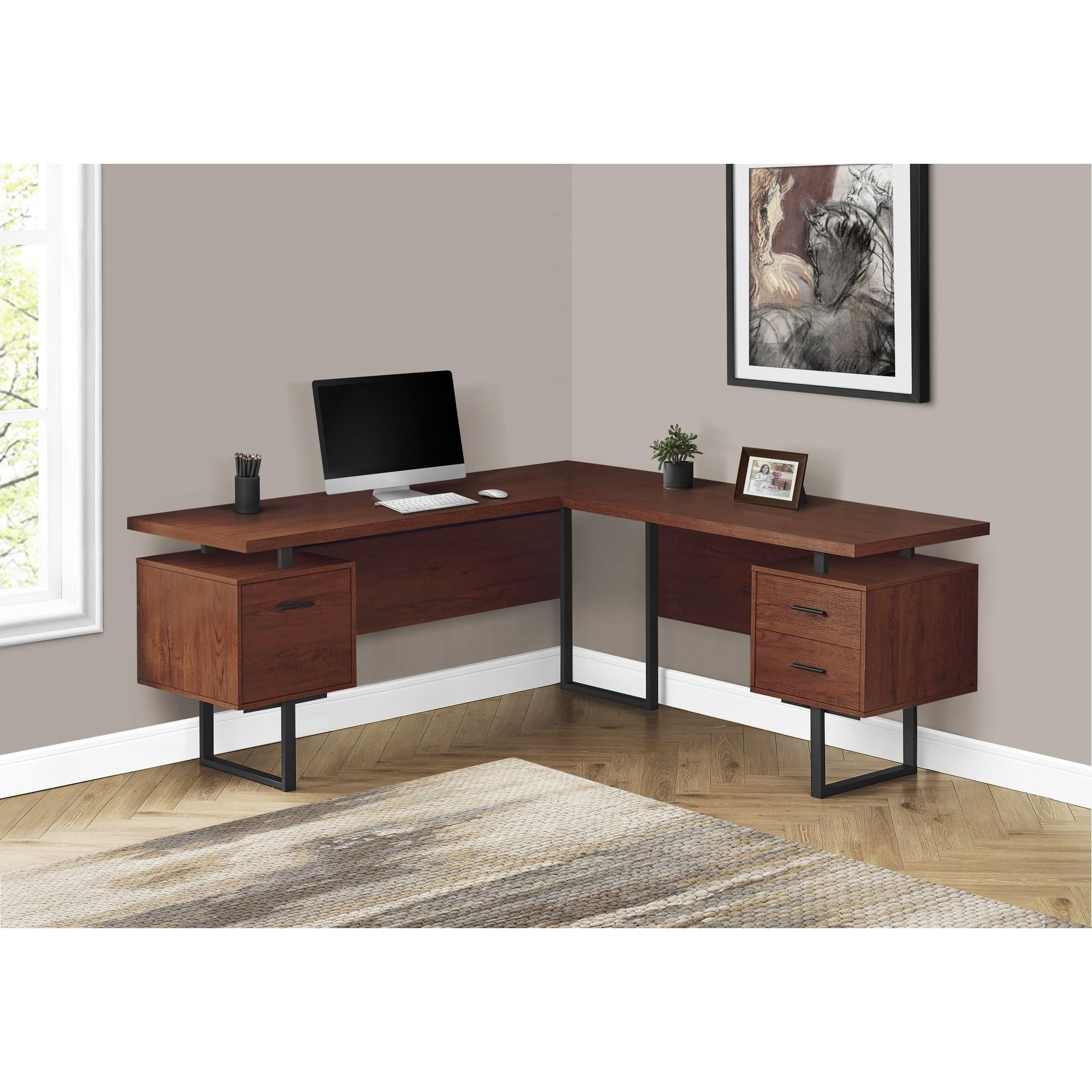 Monarch Specialties 7611 Computer Desk, Home Office, Corner, Left, Right Set-up, Storage Drawers, 70&quot; Shape, Work, Laptop, Metal, Laminate, Brown, Desk-70 L Cherry Black R Face, 71&quot; L x 71&quot; W x 30&quot; H