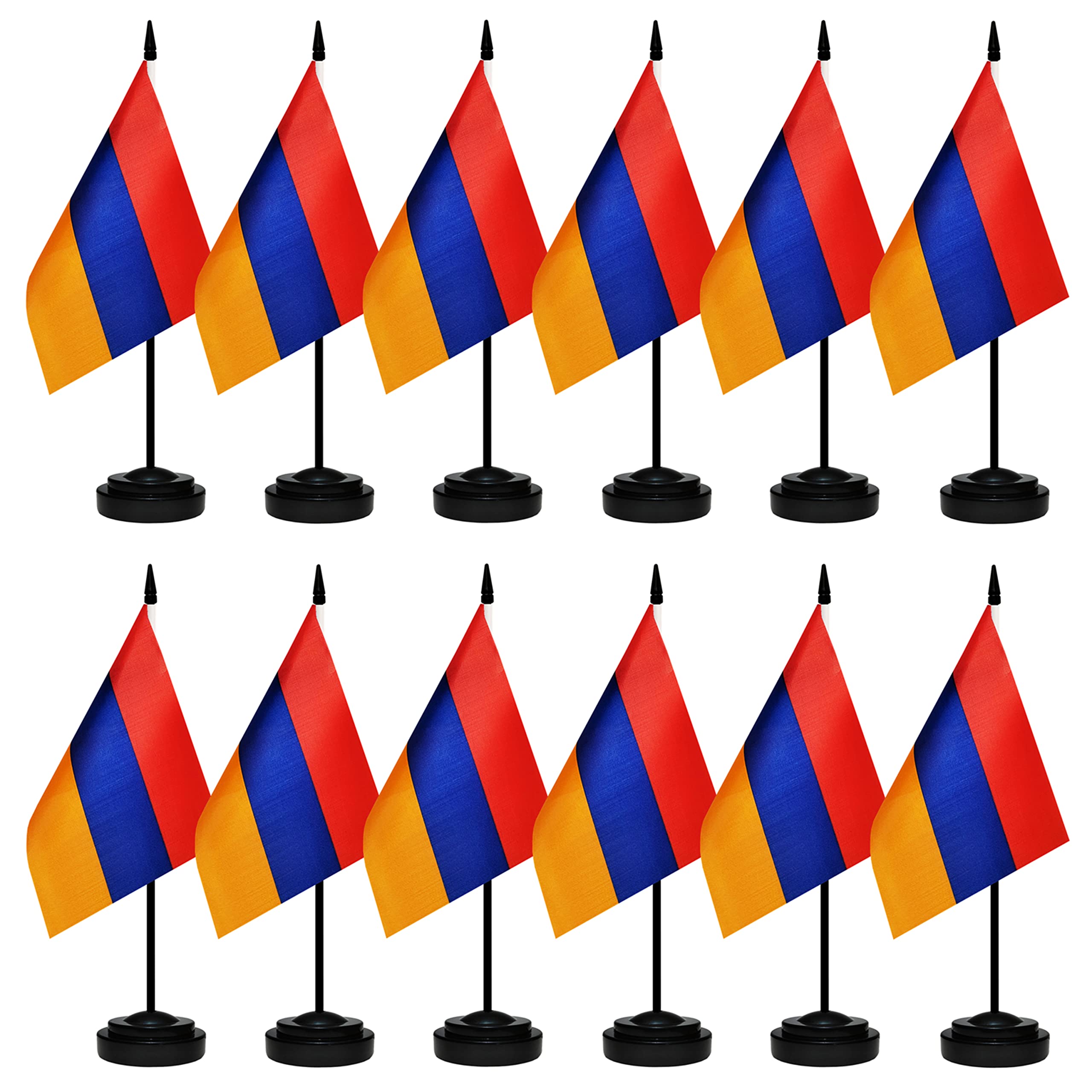 12 Pack Armenia Desk Flags Set, Armenian Small Mini Table Office Flags With 12' Solid Black Pole, Black Base And Spear Top, Min