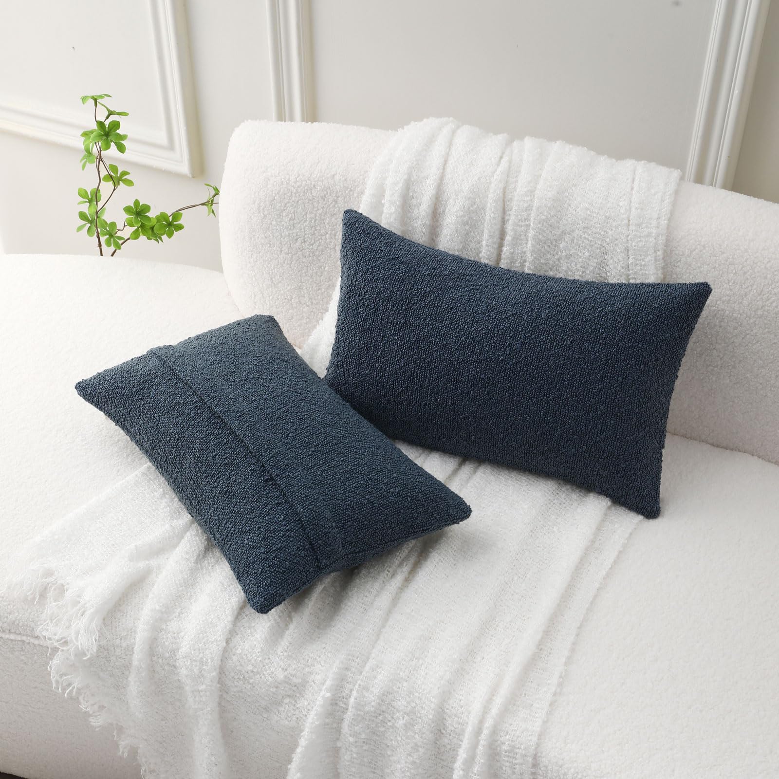 Futei Pack Of 2 Haze Blue Boucle Accent Decorative Throw Pillow Covers,18X18 Inch Soft Solid Textured Cushion Case,Home Decor Fo