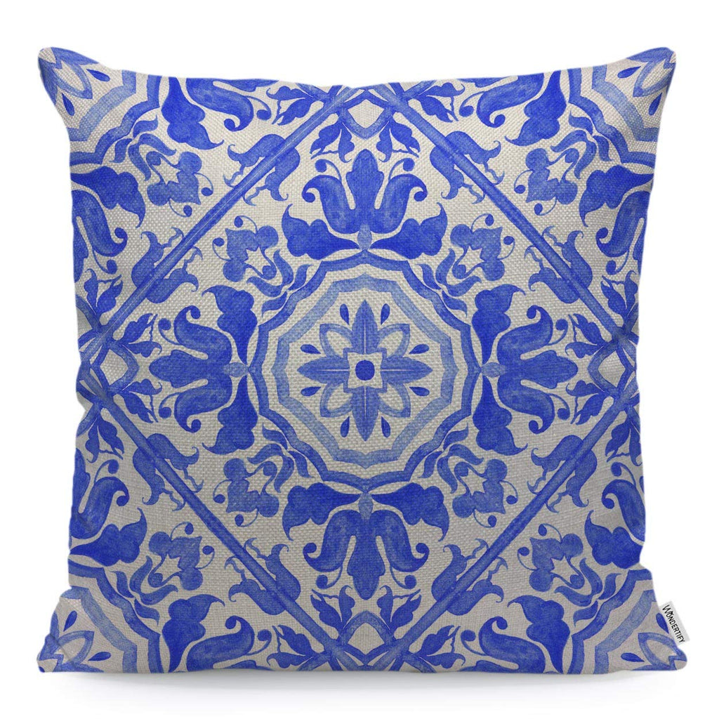 Wondertify Throw Pillow Case Cover Portuguese Azulejo Tiles Talavera Geo Mexican Blue And White Gorgeous Design Soft Linen Pillow Case For Decorative Bedroom/Livingroom/Sofa Cushion Covers 18X18 Inch