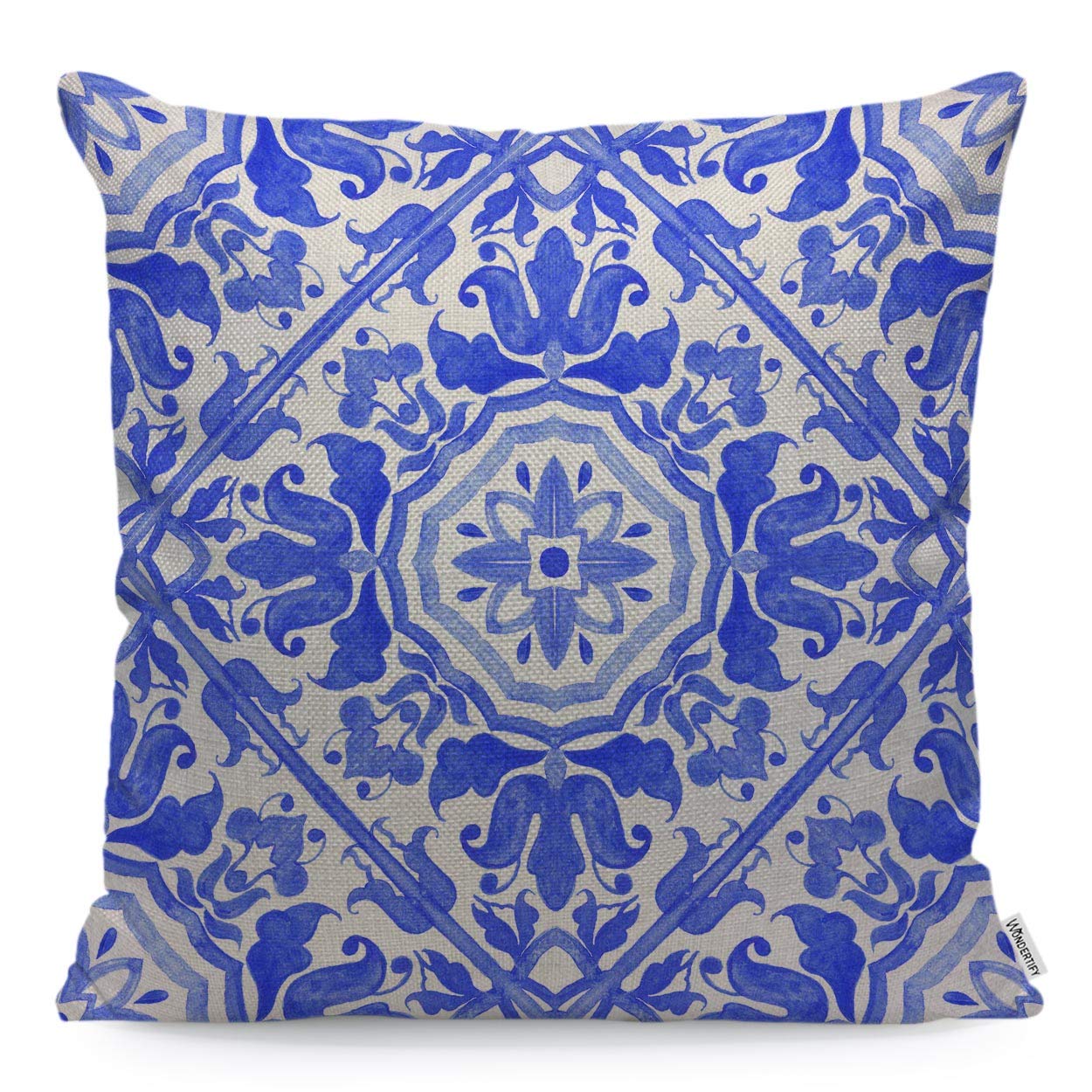 Wondertify Throw Pillow Case Cover Portuguese Azulejo Tiles Talavera Geo Mexican Blue And White Gorgeous Design Soft Linen Pillow Case For Decorative Bedroom/Livingroom/Sofa Cushion Covers 18X18 Inch