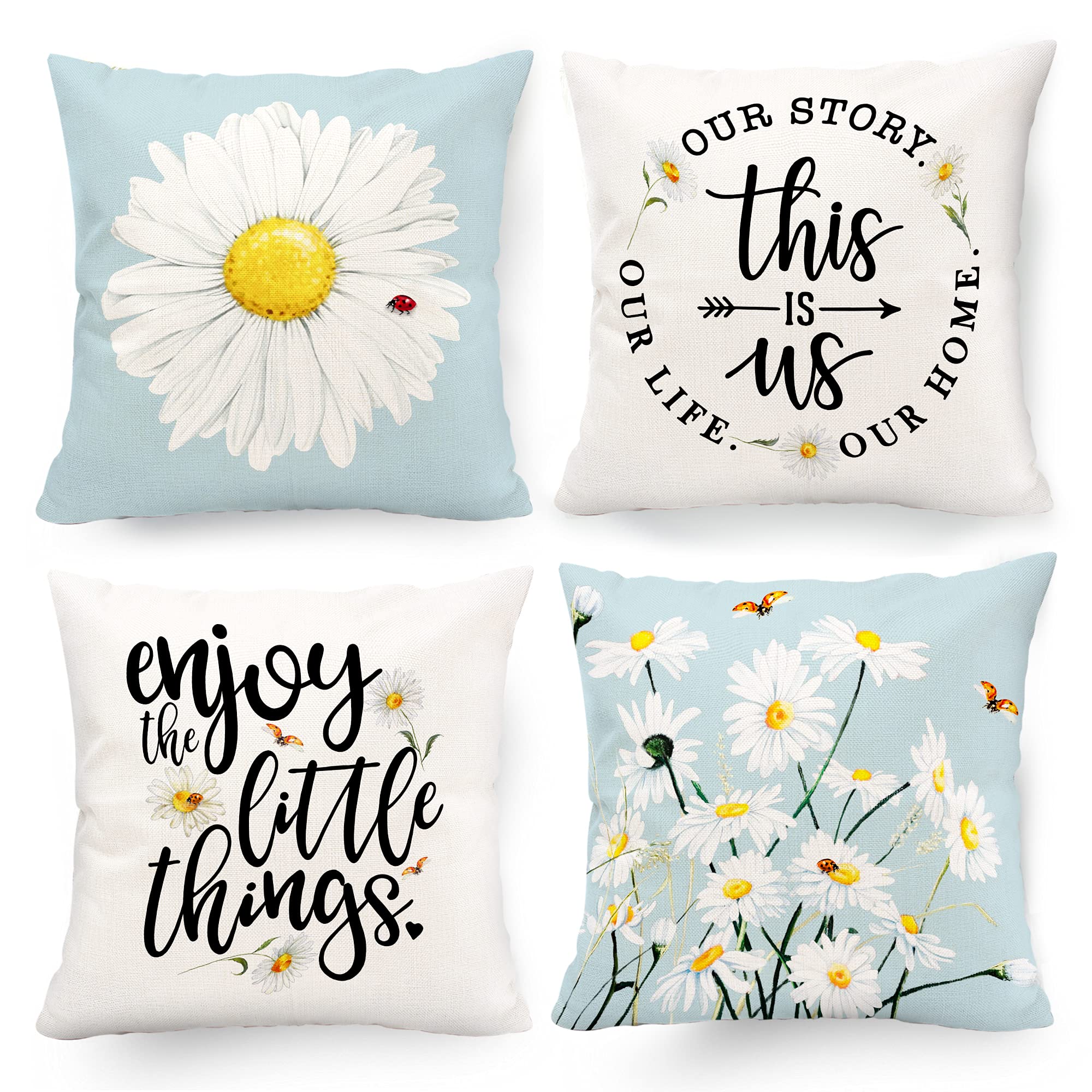 Hexagram Spring Pillow Covers 20X20 Inch Set Of 4, Spring Summer Daisy Decor Light Blue Floral Pillows Decorative Pillow Covers