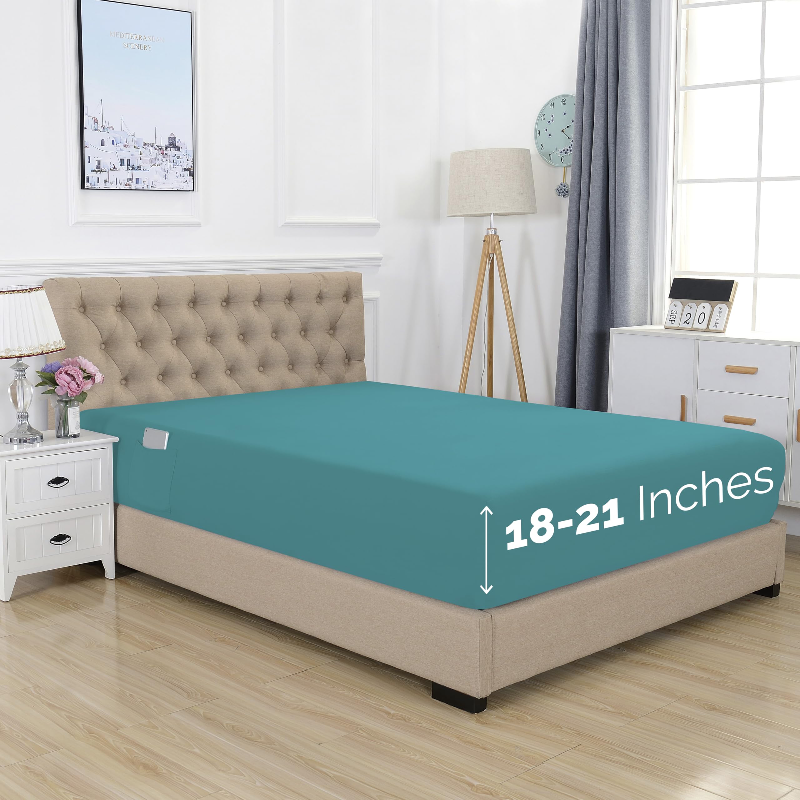 Elegant Comfort 1500 Premium Hotel Quality 18-21 Inches Deep - Extra Deep Pocket Single Fitted Sheet For High Mattress, Luxury And Softest, Smart Pocket - Wrinkle Free, Twin/Twin Xl, Turquoise