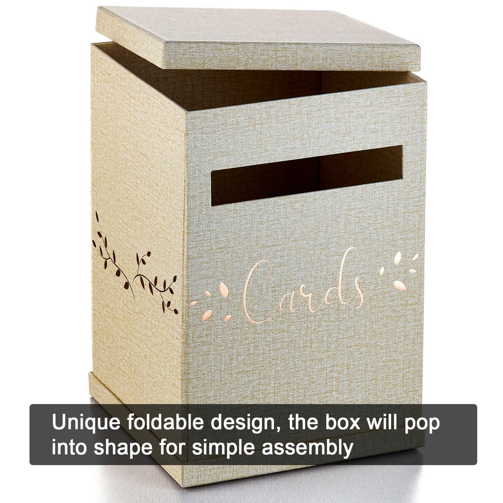 Rustic Card Box For Wedding Reception, Rose Gold & Linen Gift Card Holder, Mailbox With Slot For Envelopes, Graduation, Baby & B