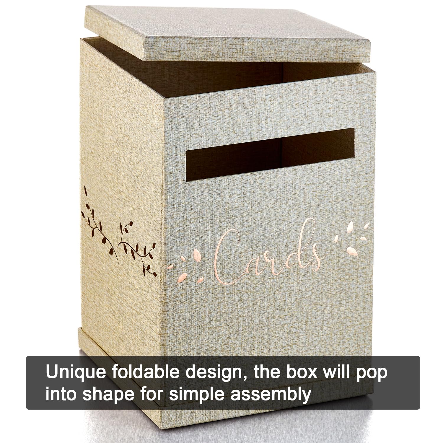 Rustic Card Box For Wedding Reception, Rose Gold & Linen Gift Card Holder, Mailbox With Slot For Envelopes, Graduation, Baby & B