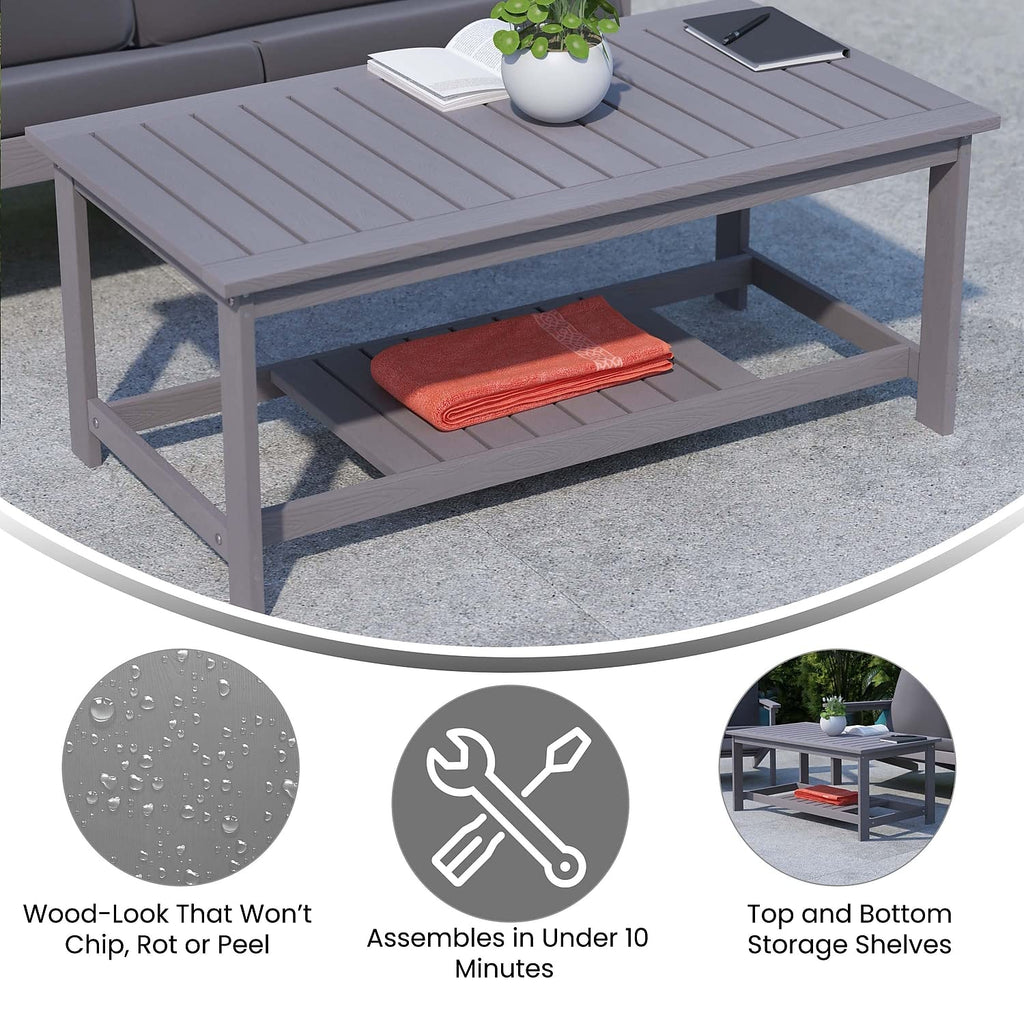 Flash Furniture Charlestown Two Tiered Commercial Grade Adirondack Coffee Table - Gray Finish Poly Resin Wood - All-Weather - Slatted Shelf Design,Grey