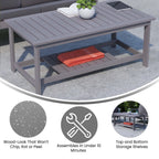 Flash Furniture Charlestown Two Tiered Commercial Grade Adirondack Coffee Table - Gray Finish Poly Resin Wood - All-Weather - Slatted Shelf Design,Grey