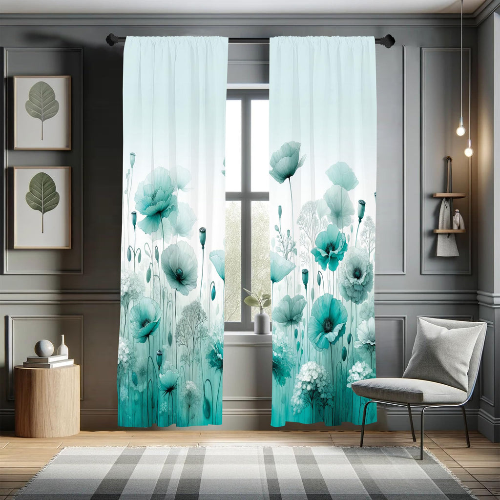 Ambesonne Turquoise Window Curtains Pack Of 2, Chill Atmosphere Of Flowering Poppy Scene With Oceanic Green Tones, Lightweight S