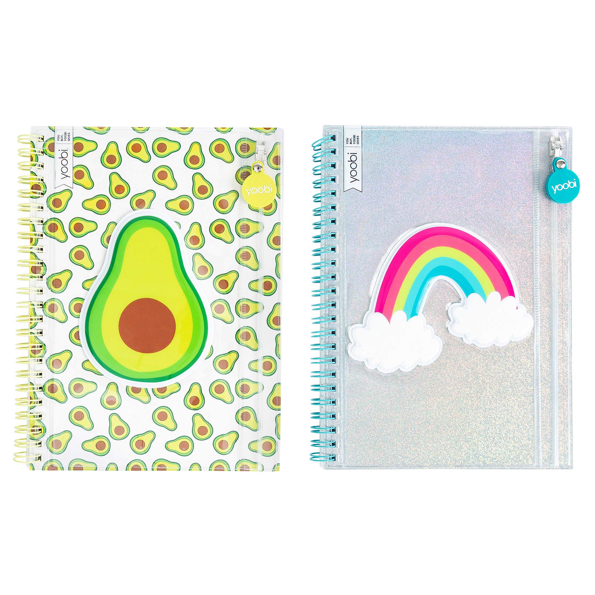 Yoobi College-Ruled Spiral Notebooks With Pencil Zipper Pouches | Fun Green Avacado Print | Cute Rainbow Glitter | 2-Pack | 60 S