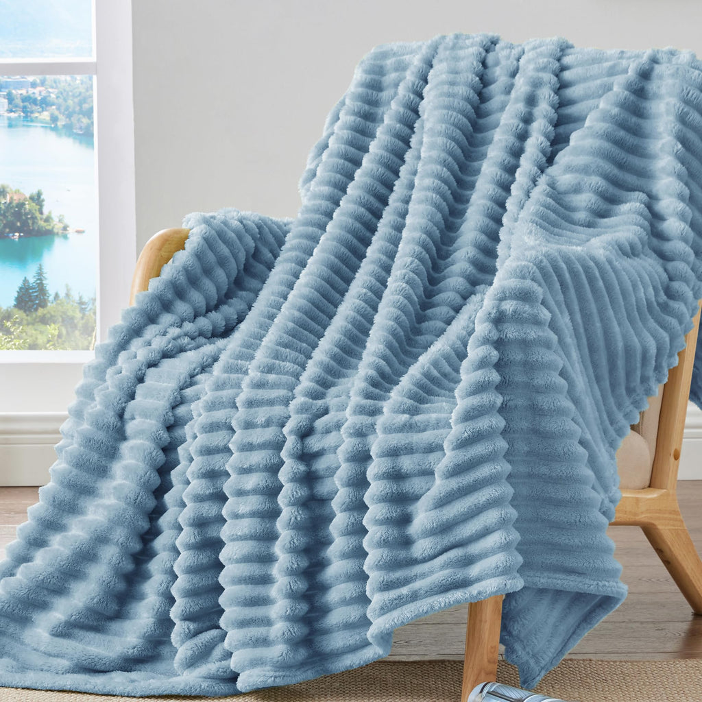 Bedelite Fleece Throw Blanket For Couch - 300Gsm Soft & Warm Fluffy Light Blue Blanket, Decorative And Giftable Striped Blankets