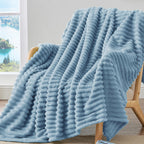 Bedelite Fleece Throw Blanket For Couch - 300Gsm Soft & Warm Fluffy Light Blue Blanket, Decorative And Giftable Striped Blankets