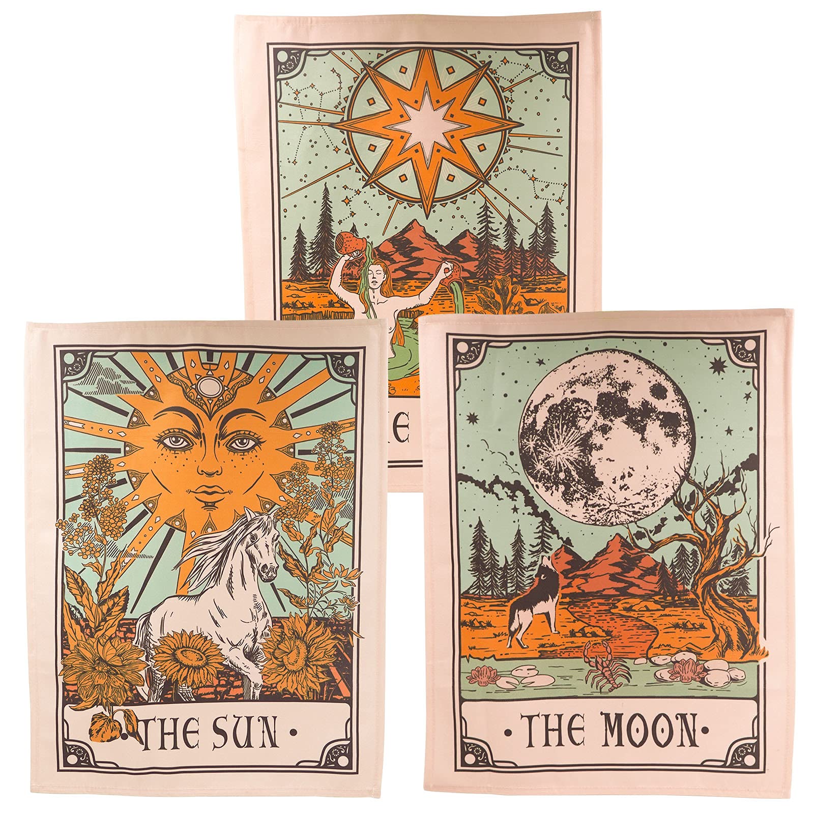 Accnicc 3 Pack Tarot Tapestry, Sun Moon And Star Tarot Card Tapestry, Brown And Beige Tapestry Wall Hanging, Vertical Vintage Ae