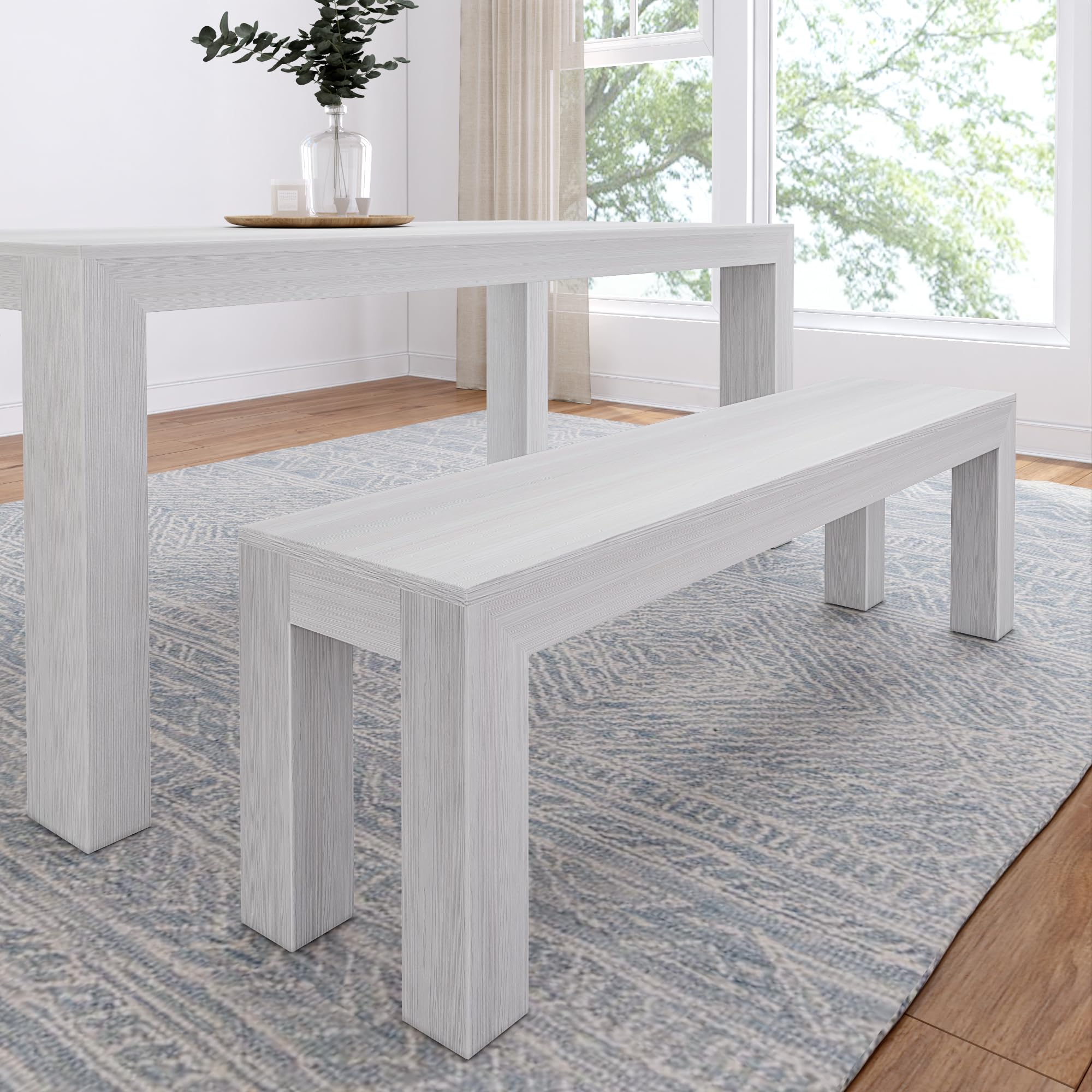 Plank+Beam 60 Inch Dining Bench For Dining Room & Kitchen, Wooden Outdoor & Entryway Bench, White Wirebrush