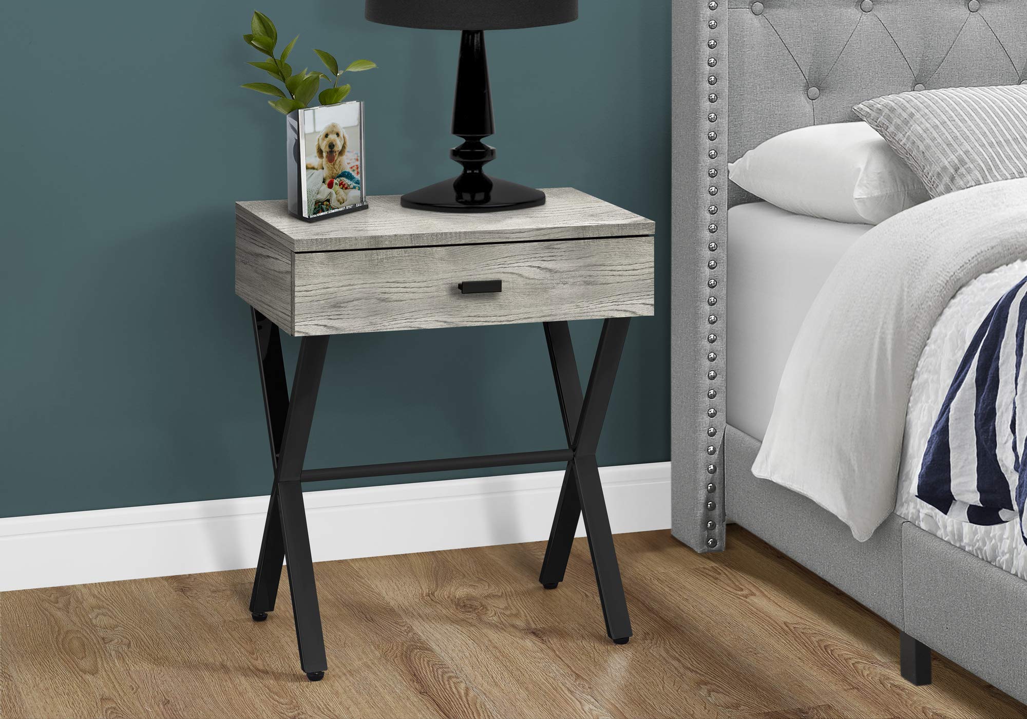 Monarch Specialties TABLE-24 H/GREY RECLAIMED WOOD/BLACK METAL ACCENT, END TABLE, NIGHT STAND, Gray
