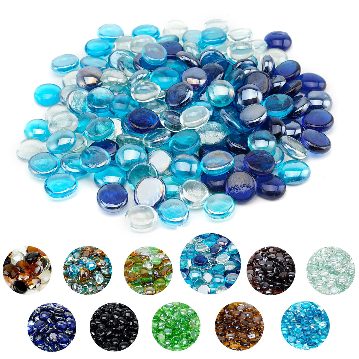 Skyflame 10-Pound Blended Fire Glass Beads For Fire Pit Fireplace Landscaping, 1/2-Inch Cobalt Blue, Crystal Ice, Caribbean Blue