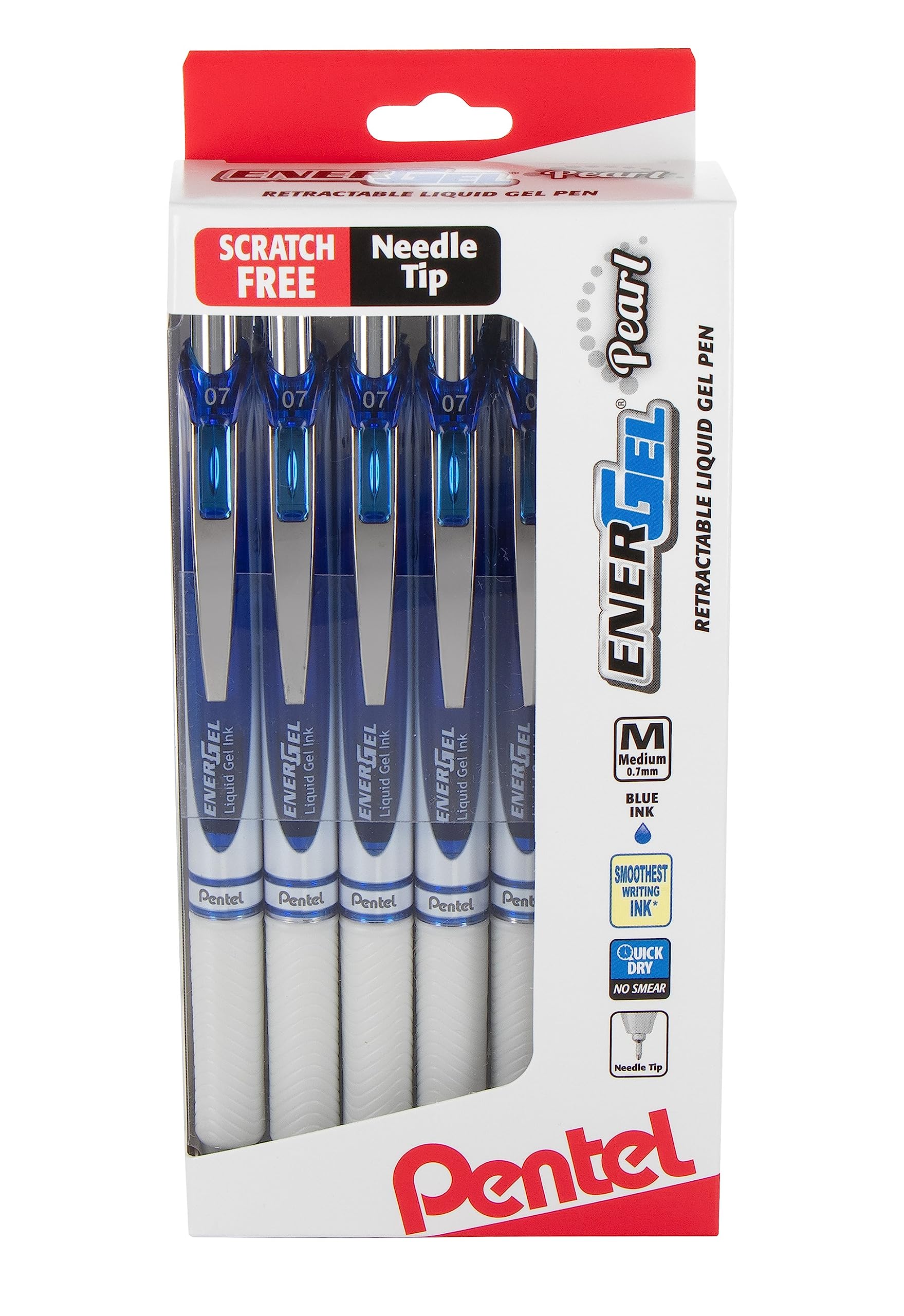 Pentel Energel Pearl Retractable Liquid Gel Pen, 0.7Mm Medium Line, Needle Tip, Blue Ink, 12 Pack Window Box