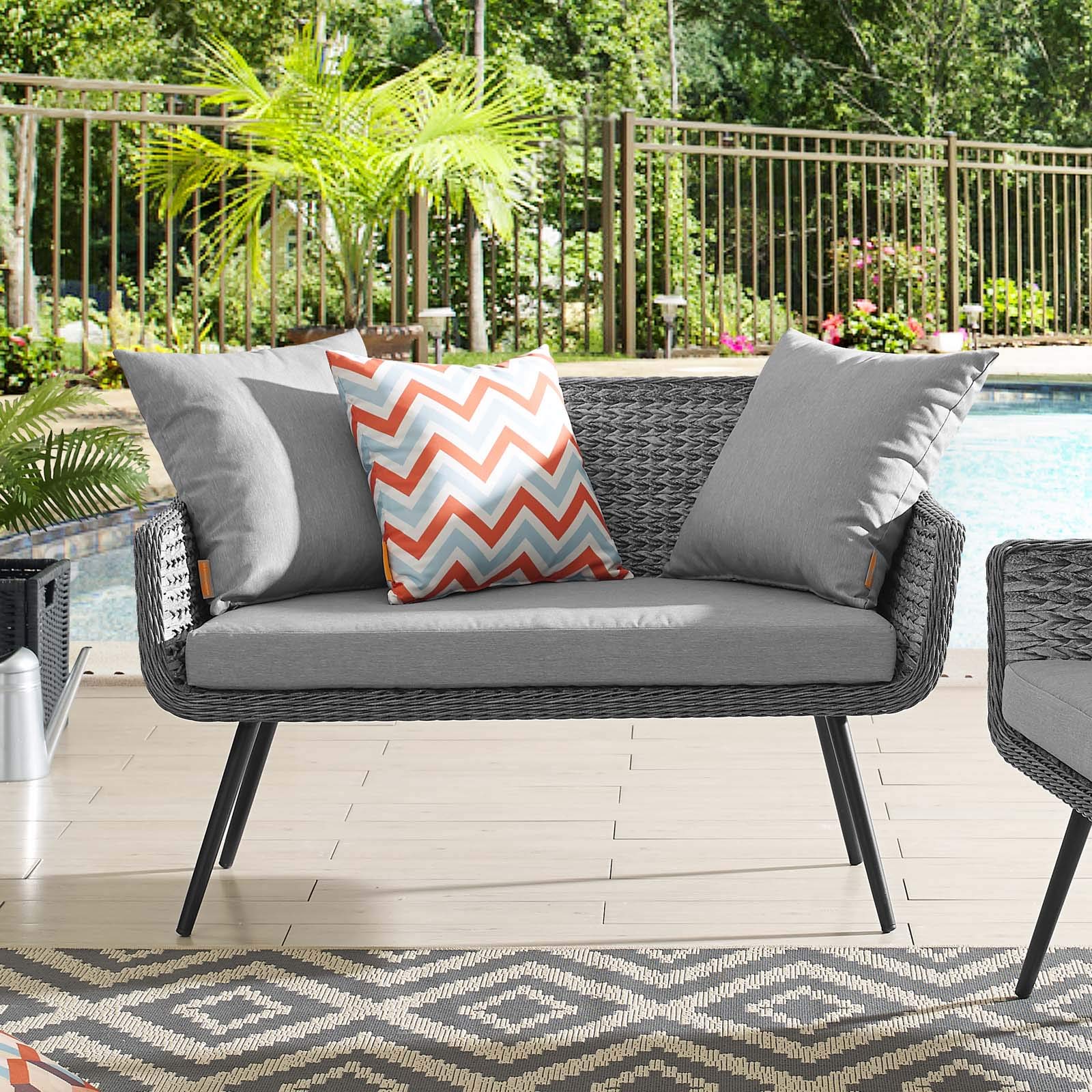 Modway Endeavor Wicker Rattan Aluminum Outdoor Patio Loveseat with Cushions in Gray Gray