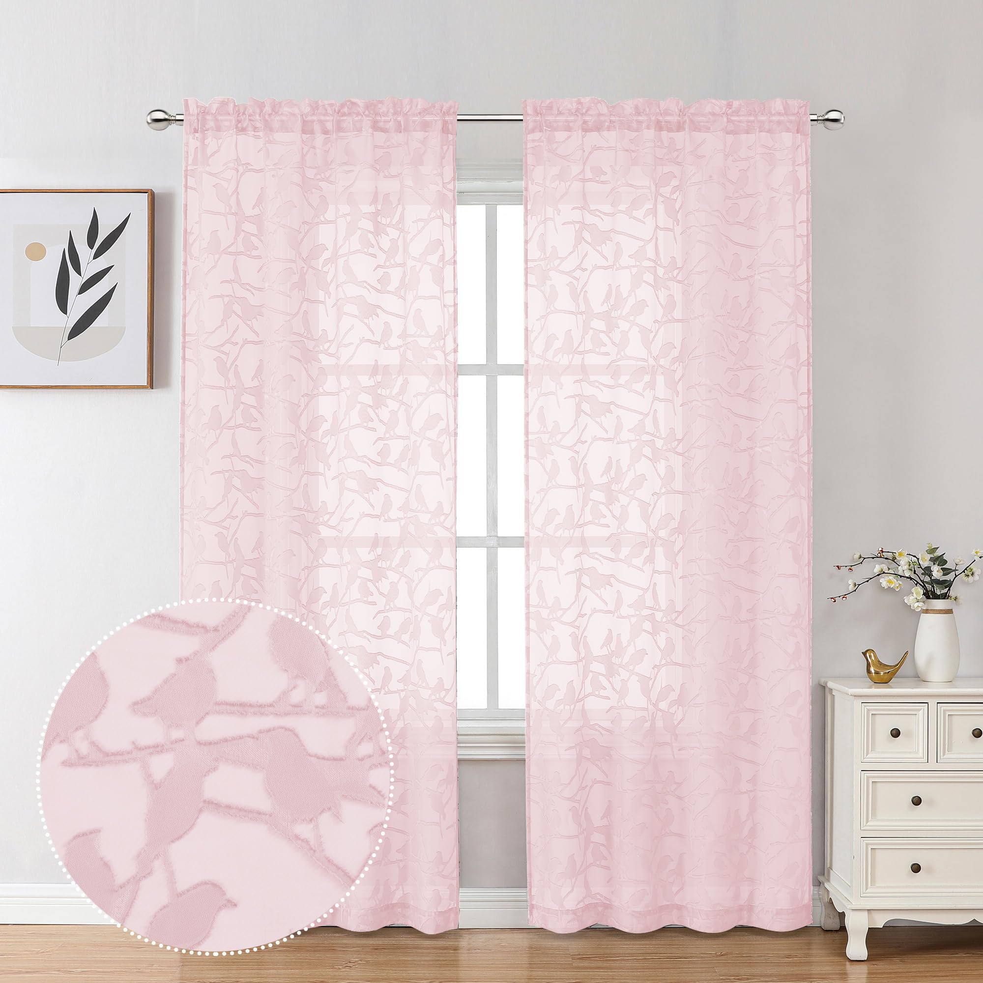 Ovzme Anji Textured Blush Sheer Curtain 84 Inch Length 2 Panels Set, Elegant Farmhouse Semi Sheer Dining Curtains For Living Roo