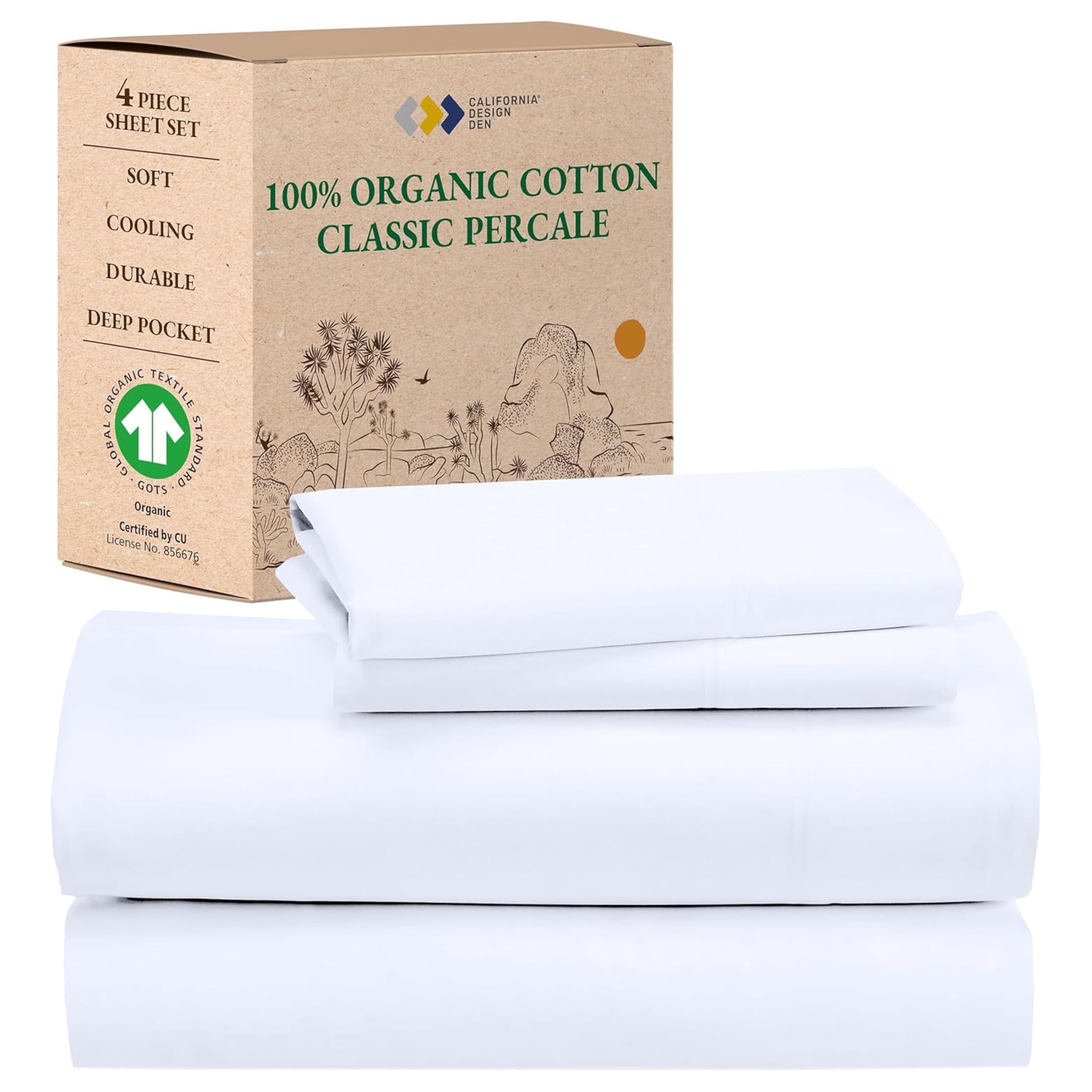 California Design Den Percale Full Size Sheet Sets, Deep Pocket 100% Organic Cotton Sheets, Gots Certified, Soft, Breathable & Cooling Sheets Full Size Bed, White Sheets