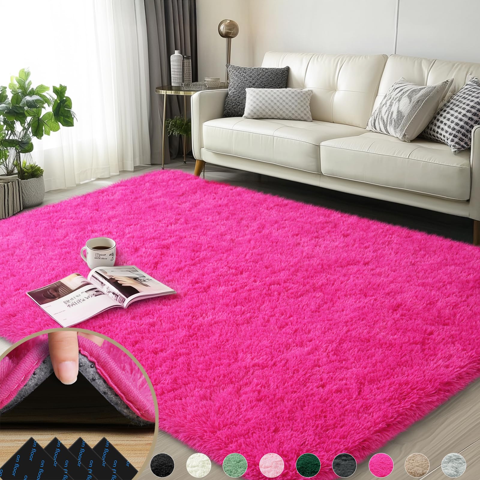 Mugorn 3x5 Rugs for Bedroom, Fluffy Area Rugs for Living Room, Soft Shag Kids Rug Small Carpet with 4 Non-Slip Rug Pads (Hot Pin