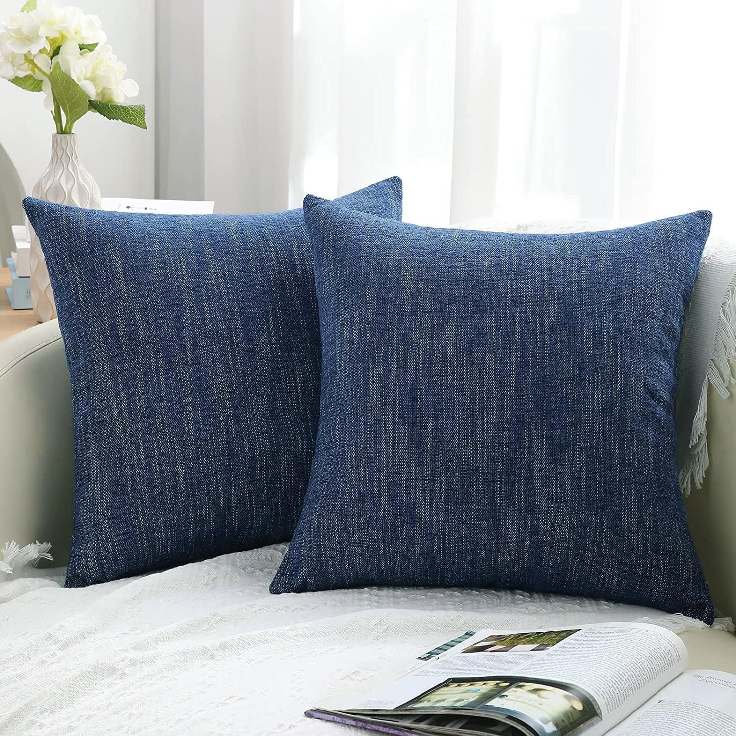 Decoruhome Decorative Throw Pillow Covers 20X20 Set Of 2, Farmhouse Chenille Pillow Covers, Square Soft Pillow Covers For Couch Sofa Bed, Navy Blue