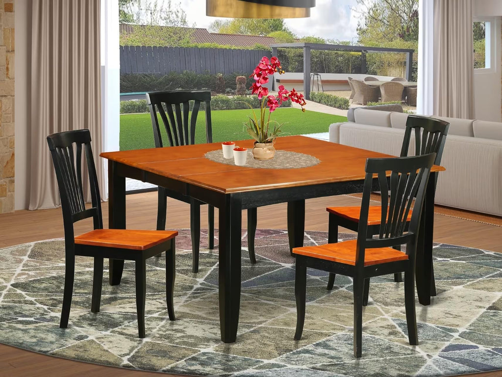 East West Furniture PFAV5-BCH-W 5 Piece Dining Set Includes a Square Dining Room Table with Butterfly Leaf and 4 Wood Seat Chairs, 54x54 Inch, Black & Cherry