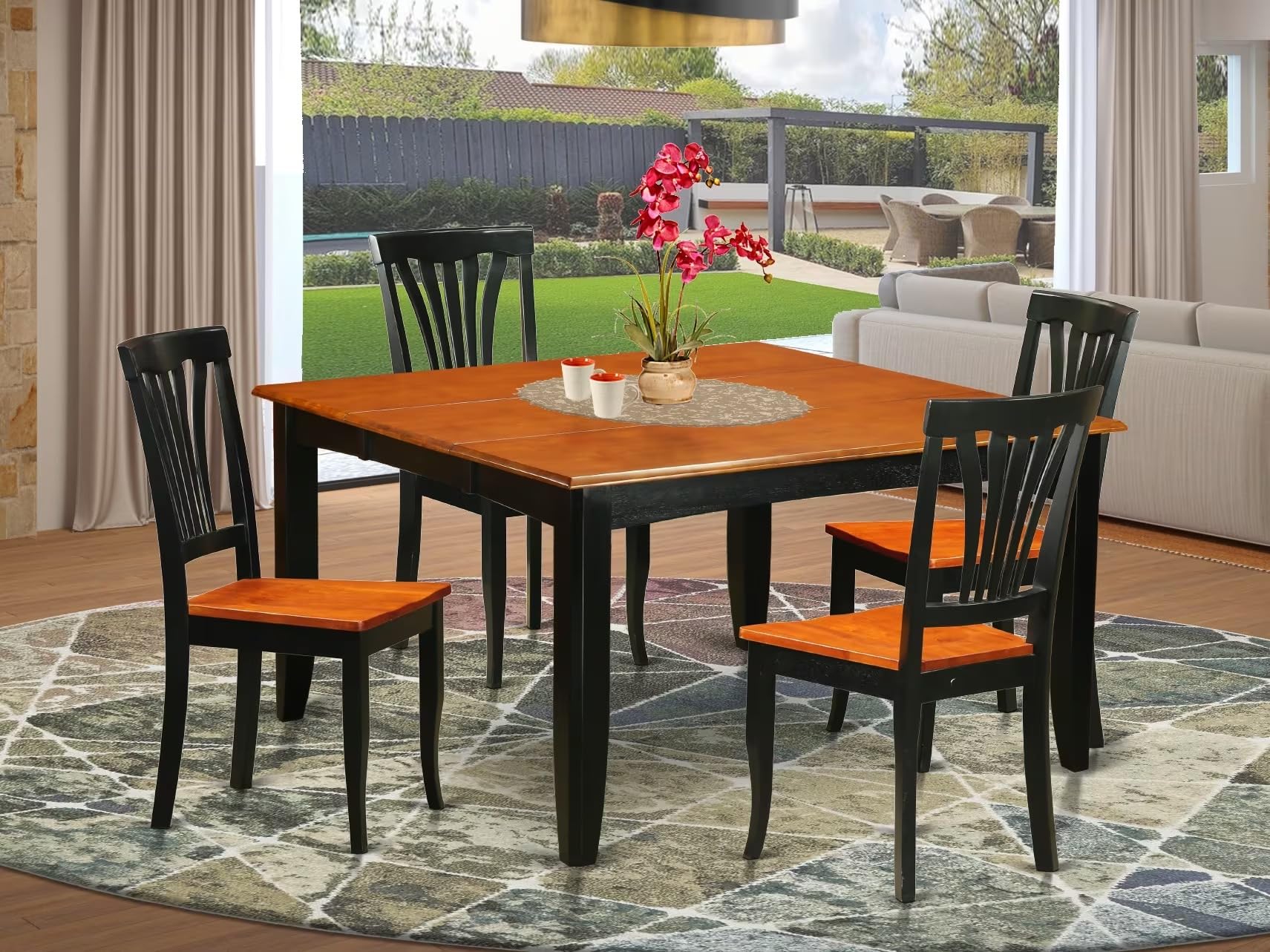 East West Furniture PFAV5-BCH-W 5 Piece Dining Set Includes a Square Dining Room Table with Butterfly Leaf and 4 Wood Seat Chairs, 54x54 Inch, Black & Cherry