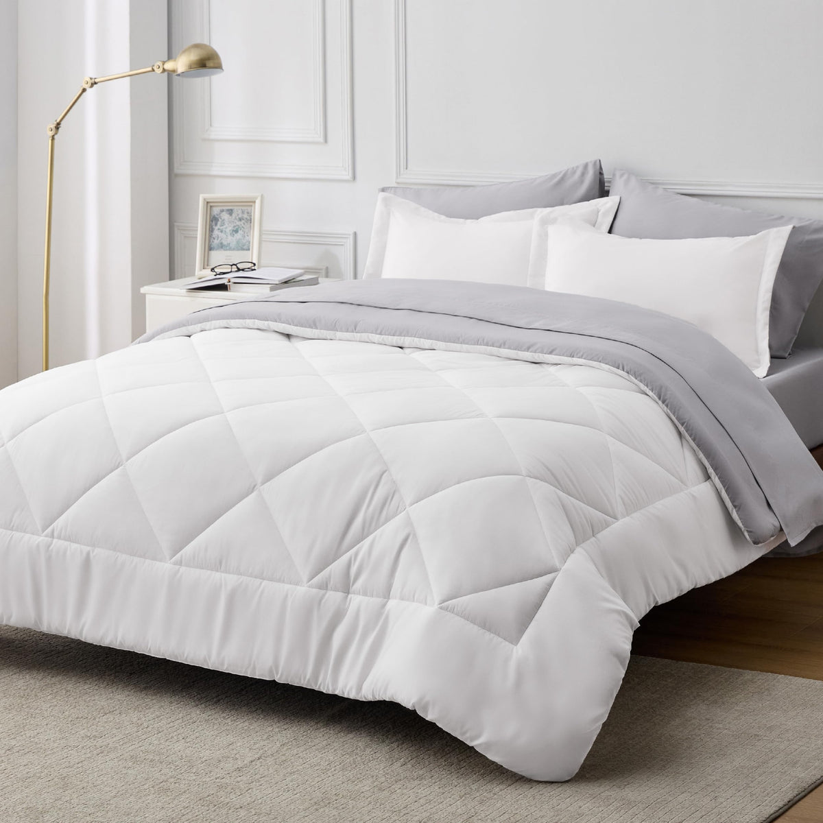 Bedsure White Twin Comforter Sets - 5 Pieces Reversible Twin Bedding Sets For College, White Extra Long Twin Bed Set With Comfor