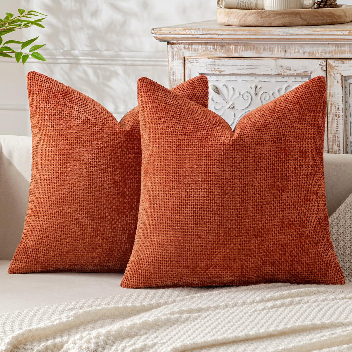 Miulee Pack Of 2 Burnt Orange Decorative Pillow Covers 18X18 Inch Soft Chenille Couch Throw Pillows Farmhouse Cushion Covers For
