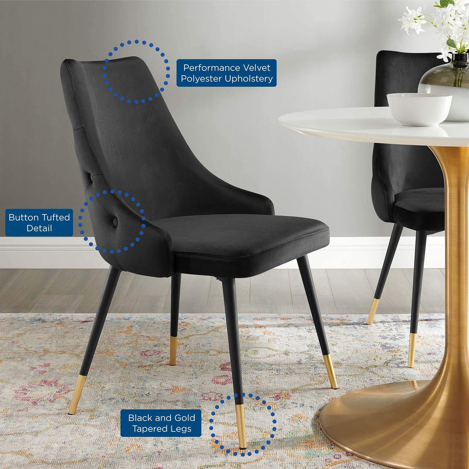 Modway Adorn Tufted Performance Velvet Dining Side Chair, Black 25D X 22W X 34H Inch