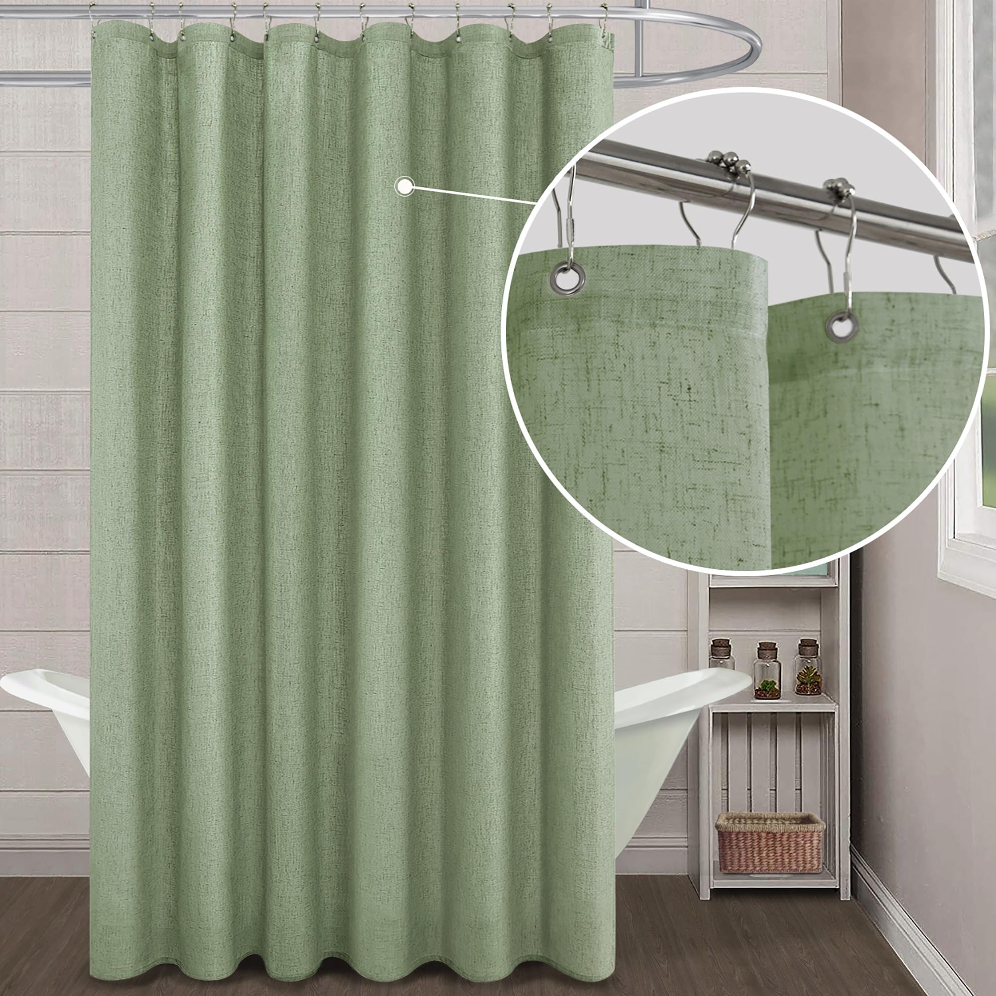 Koufall Sage Green Waterproof Linen Fabric Shower Curtain 72X96 Inch Length